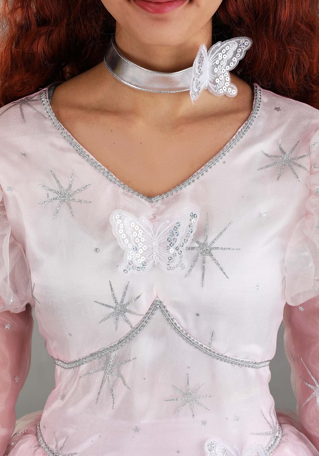 Good Glinda Women's Costume Dress with Bodice, Silver Trim, and Glittery Stars