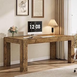 63-Inch Solid Wood Executive Desk, Real Wooden Home Office Computer Desk, Farmhouse Writing Study Table Business Workstation for Home Office, Brown
