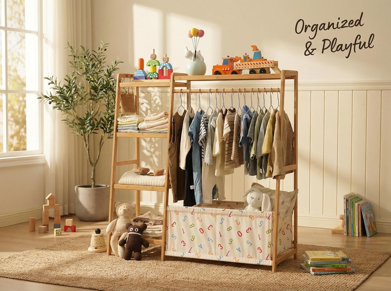 Kids Clothing Rack- Toddler Dress Up Rack with 5-Tier Open Shelves & Storage Bag, Baby Clothes Rack Small, Bamboo Garment Rack & Free Standing Clothes Rack, Mini Clothing Rack for Playroom
