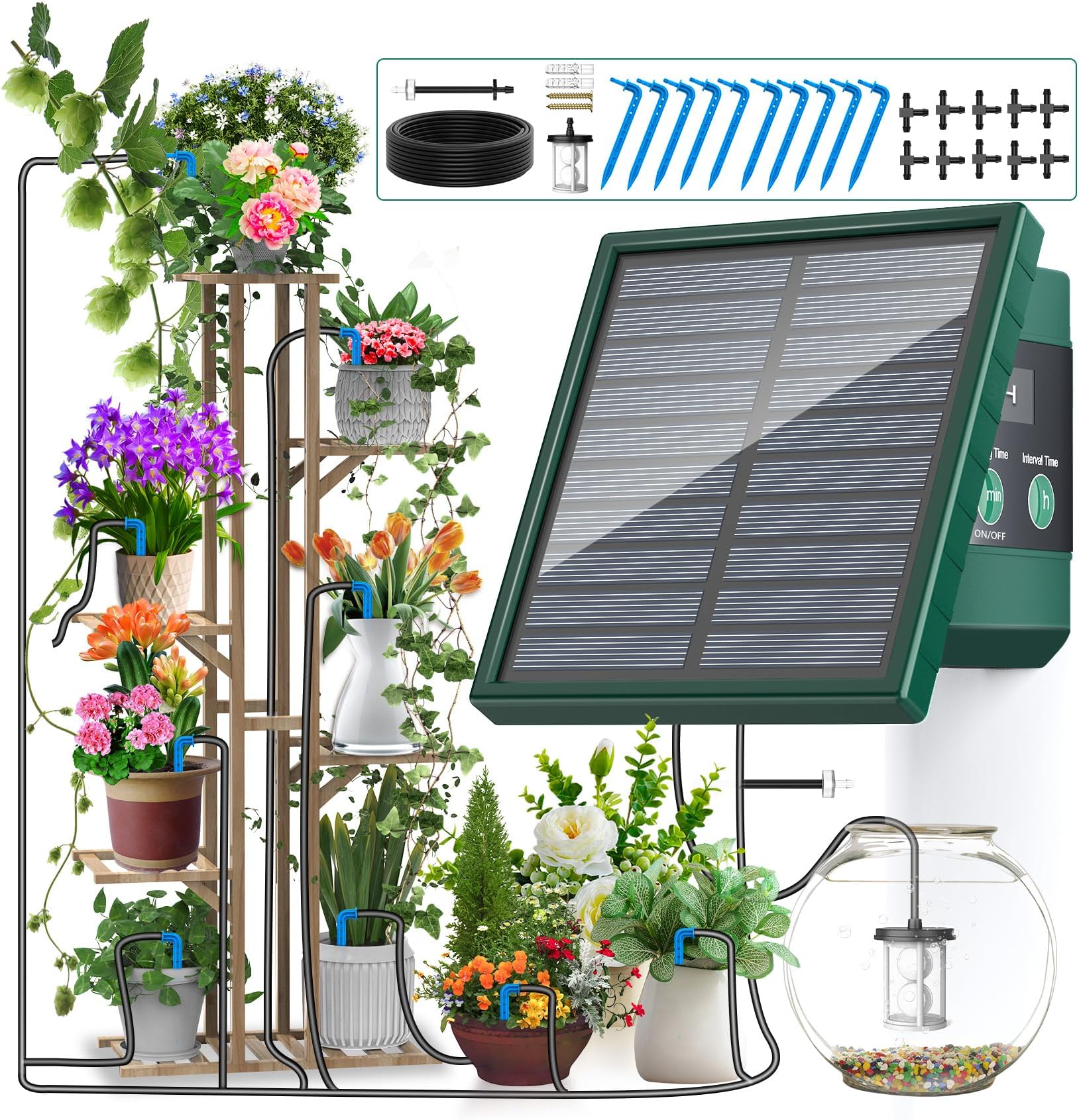 2024 New Solar Irrigation System DIY Irrigation System Kit, 300 Watering Programmes Drip Irrigation System, Automatic Watering System with 10M Hose and 10 Drip Tips for Indoor and Outdoor