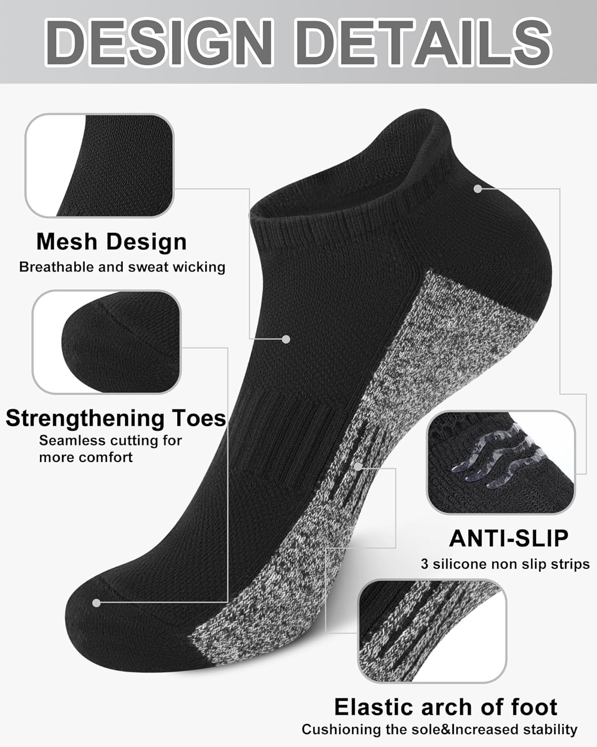 YSense 6 Pairs Womens Ankle Socks Cotton Cushioned Athletic Running Socks with Moisture-Wicking - Image 2