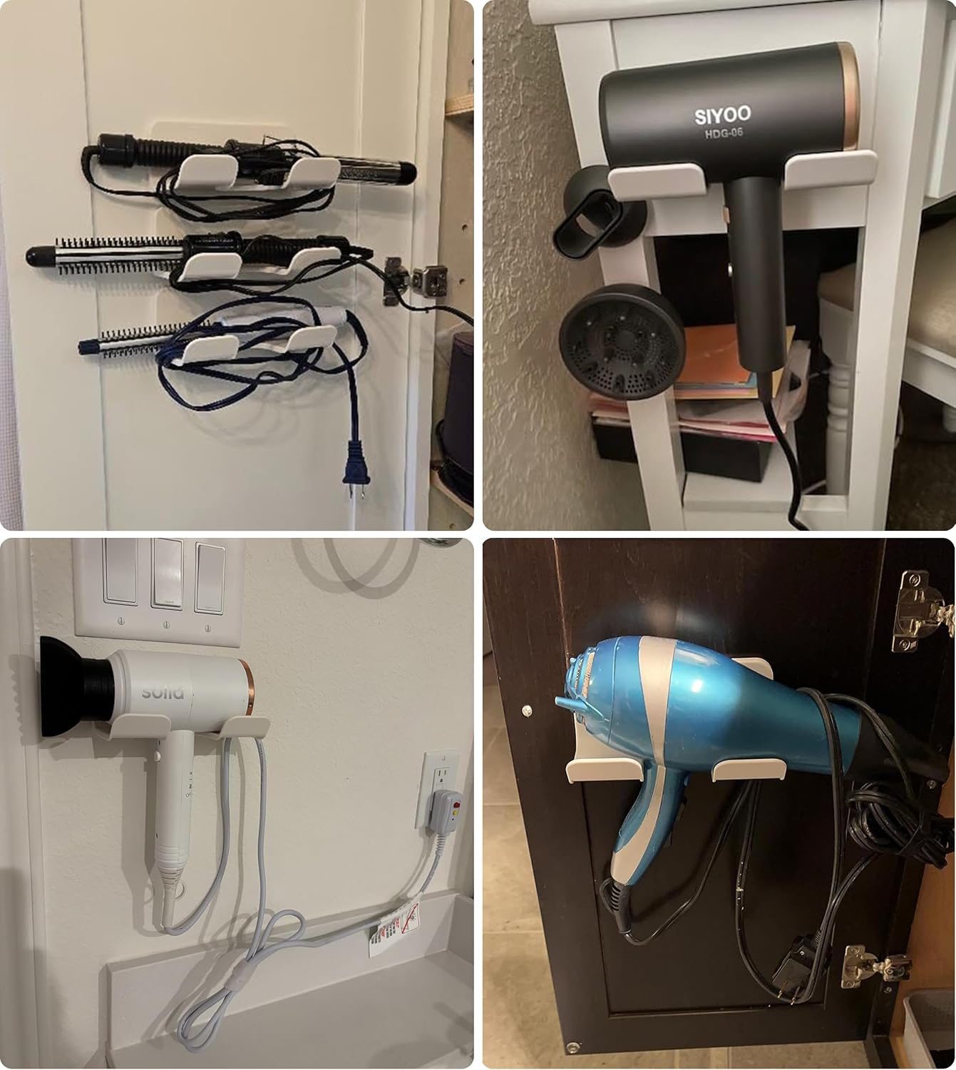 Universal Hair Dryer Holder, Hair Dryer Hook with Plug&Cord Organizer