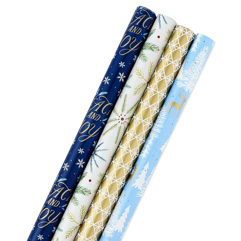 Hallmark Holiday Wrapping Paper Bundle with Cut Lines on Reverse, Elegant Woodland (Pack of 4, 120 sq. ft. TTL) Peace and Joy, Deer, Pinecones, Snowflakes, Blue, Gold