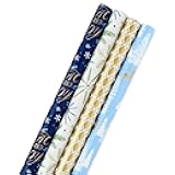 Holiday Wrapping Paper Bundle with Cut Lines on Reverse, Elegant Woodland (Pack of 4, 120 sq. ft. TTL) Peace and Joy, Deer, Pinecones, Snowflakes, Blue, Gold