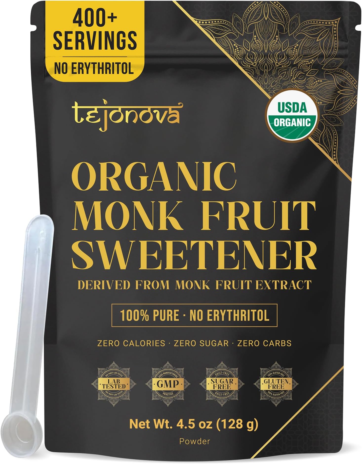 Organic Monk Fruit Extract Powder 4.5 oz – Pure Monk Fruit Sweetener, No Erythritol, Zero Calorie Sugar Substitute for Coffee, Tea & Baking (412 Servings) – by Tejonova