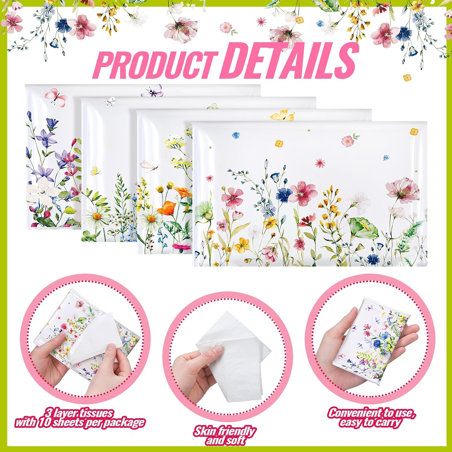Fourluoo 100 Pcs Pocket Tissues Travel Packs 3 Ply Wildflower image 5