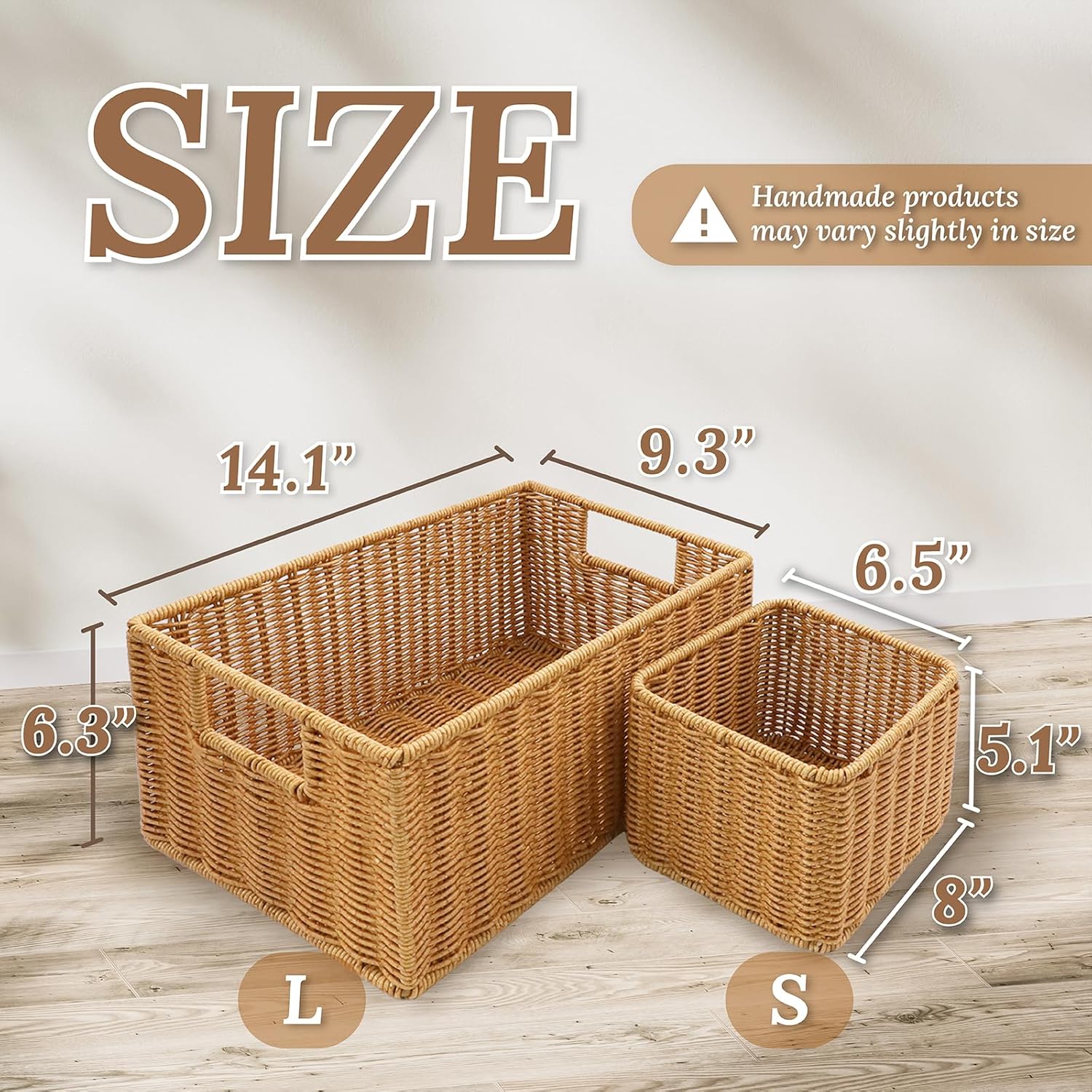 Wicker Basket with Handle, Shelf Baskets for Organizing, Woven Organization Storage with Handles, Resin Wicker Set of 3, Latte