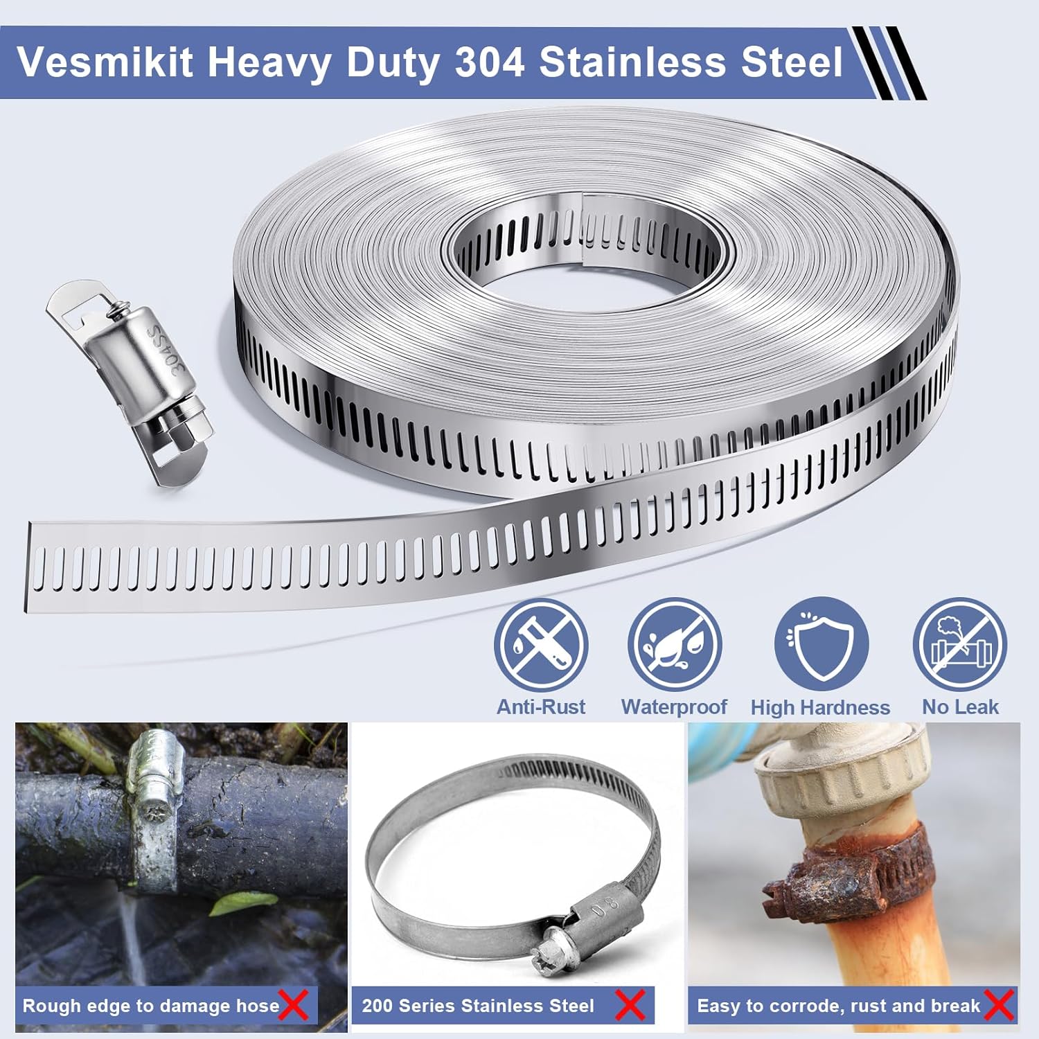 Hose Clamps- Stainless Steel Hose Clamp DIY 50FT Metal Strap + 24 Stronger Fasteners Large Adjustable Worm Gear Clamps for Fuel Line, Plumbing, Automotive, Mechanical, Pipe, Tube,Garden,Duct