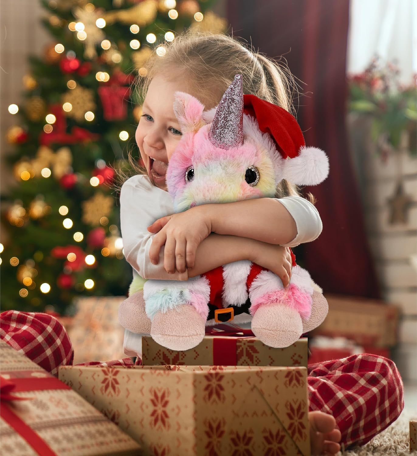 DolliBu Santa Rainbow Unicorn Stuffed Animal Plush Toy - Super Soft Dress Up with Red Santa Claus Outfit, Cute Unicorn Gift Perfect Holiday with Name Personalization - 9 Inches