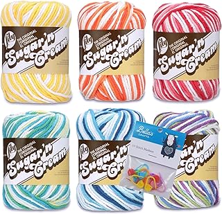 Lily Sugar'n Cream 100% Cotton Yarn 6-Pack Bundle with Bella's Crafts St...