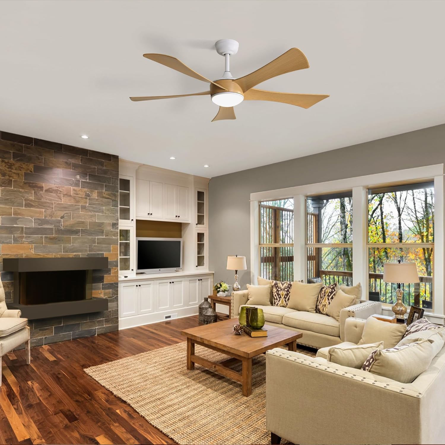 52 Inch Modern Ceiling Fan with 22W LED Light and Remote Control 5 ABS Blades for Living Room, Smart App Control, 6 Modes
