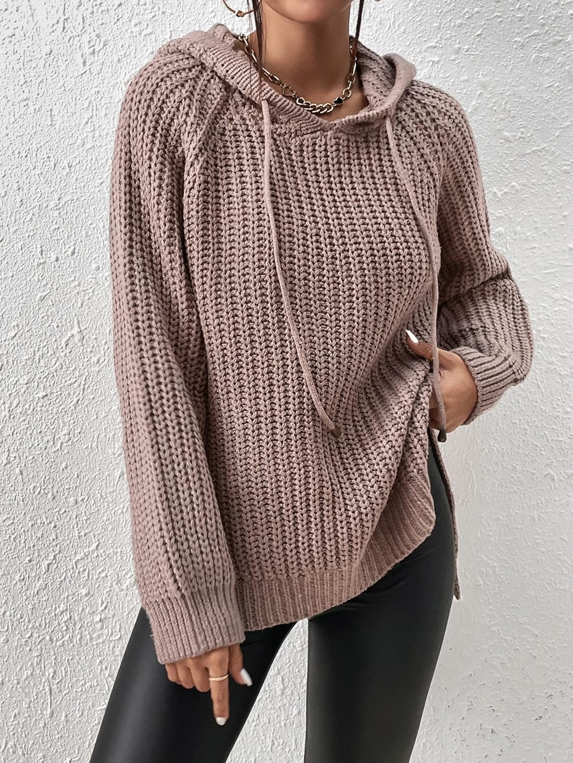 Women's Sweater Raglan Sleeve Split Hem Drawstring Hooded Sweater Sweater for Women (Color : Dusty Pink, Size : Medium)