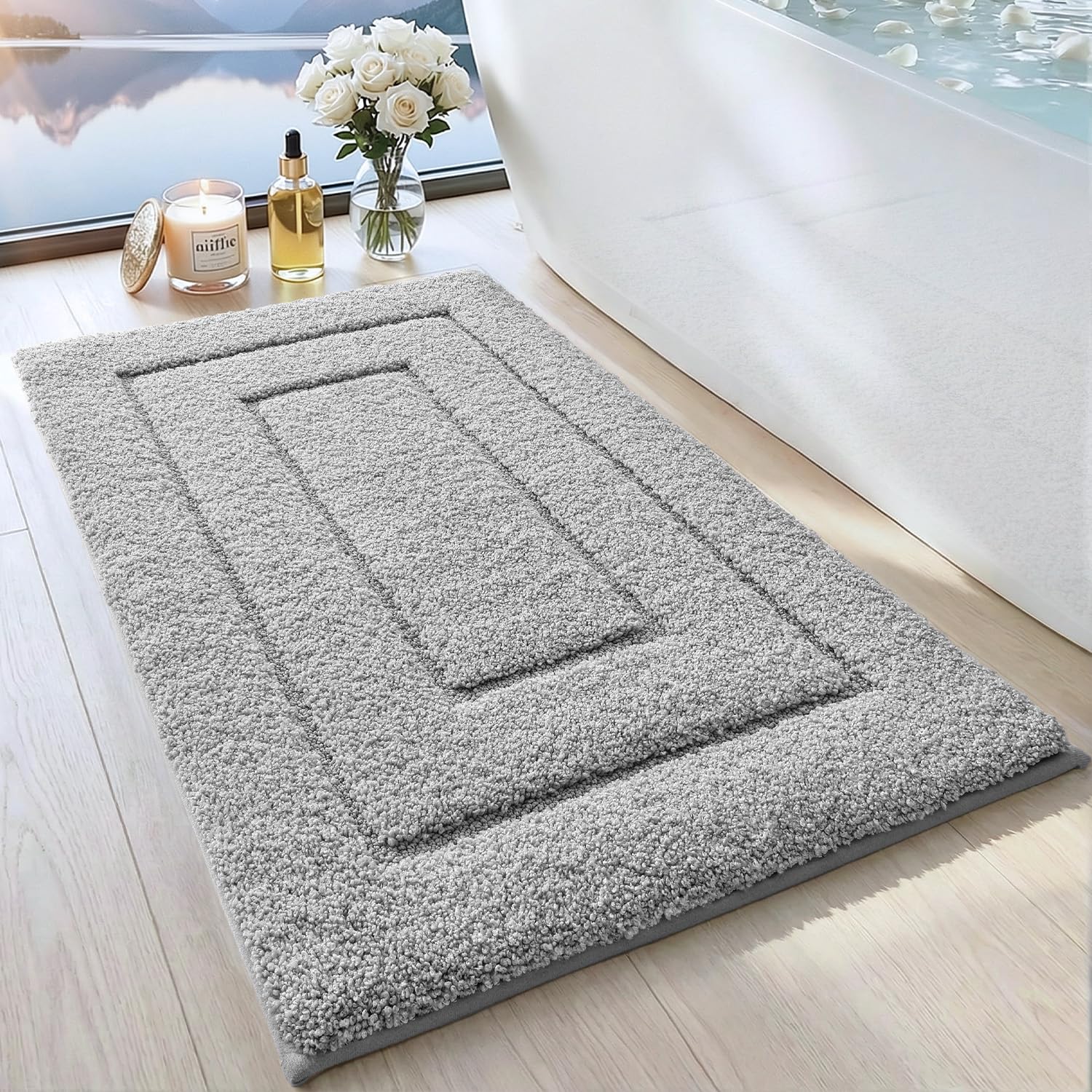 Dexi Light Grey Bath Mat 50 X 80 Cm, Extra Soft Absorbent Microfiber, Non-Slip Bathroom Mats, Machine Washable Rugs For Shower Floor,