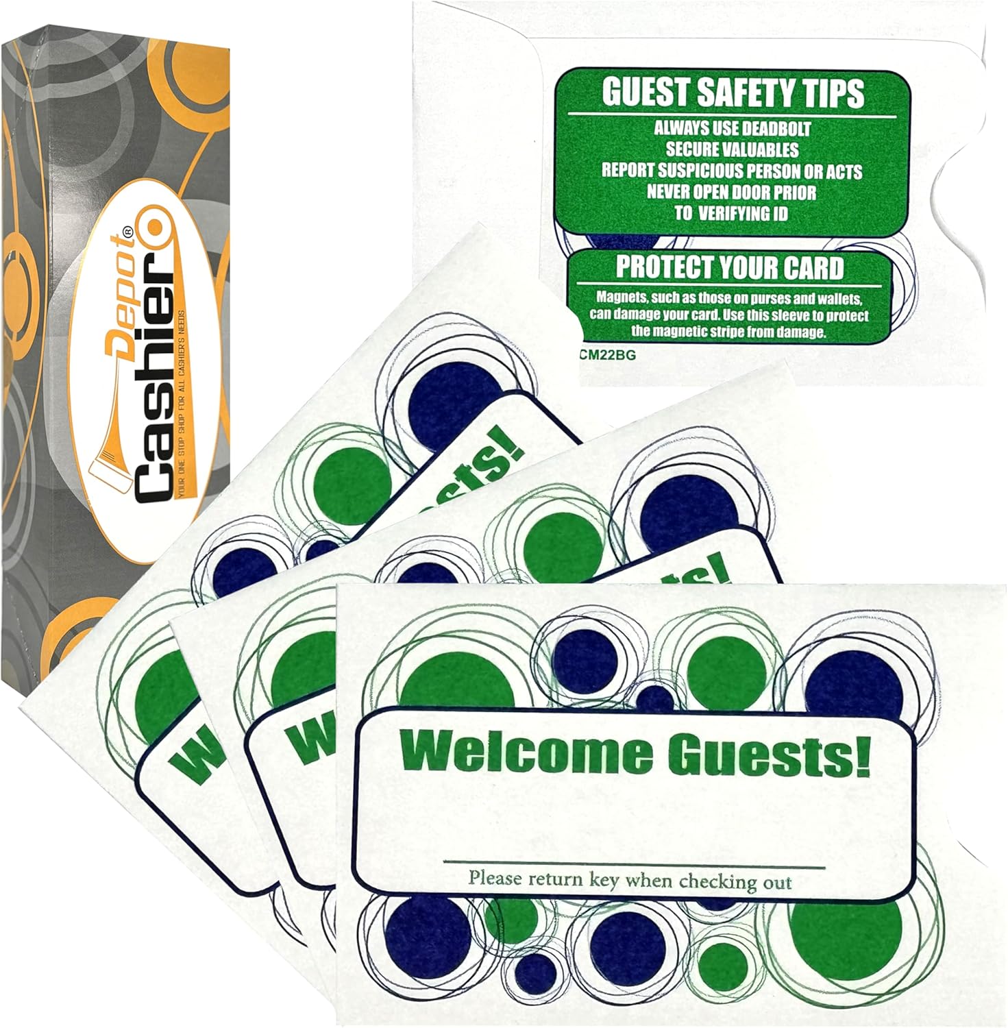 1000 Cashier Depot - Hotel Key Card Envelopes, 2-3/8" x 3-1/2" Key Card Sleeves for Hotels & Hospitality, White 24lb Paper with Blue & Green ‘Welcome Guests’ Design, 1000 Count