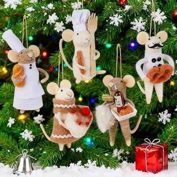 Set of 5 Christmas Felt Mice Ornaments, 4.7" Mini Hanging Wool Chef Mouse Figurines, Tiered Tray Tabletop Decor, Animal Crafts Cute Xmas Tree Festival Holiday Easter Gifts Home Office Party Supply