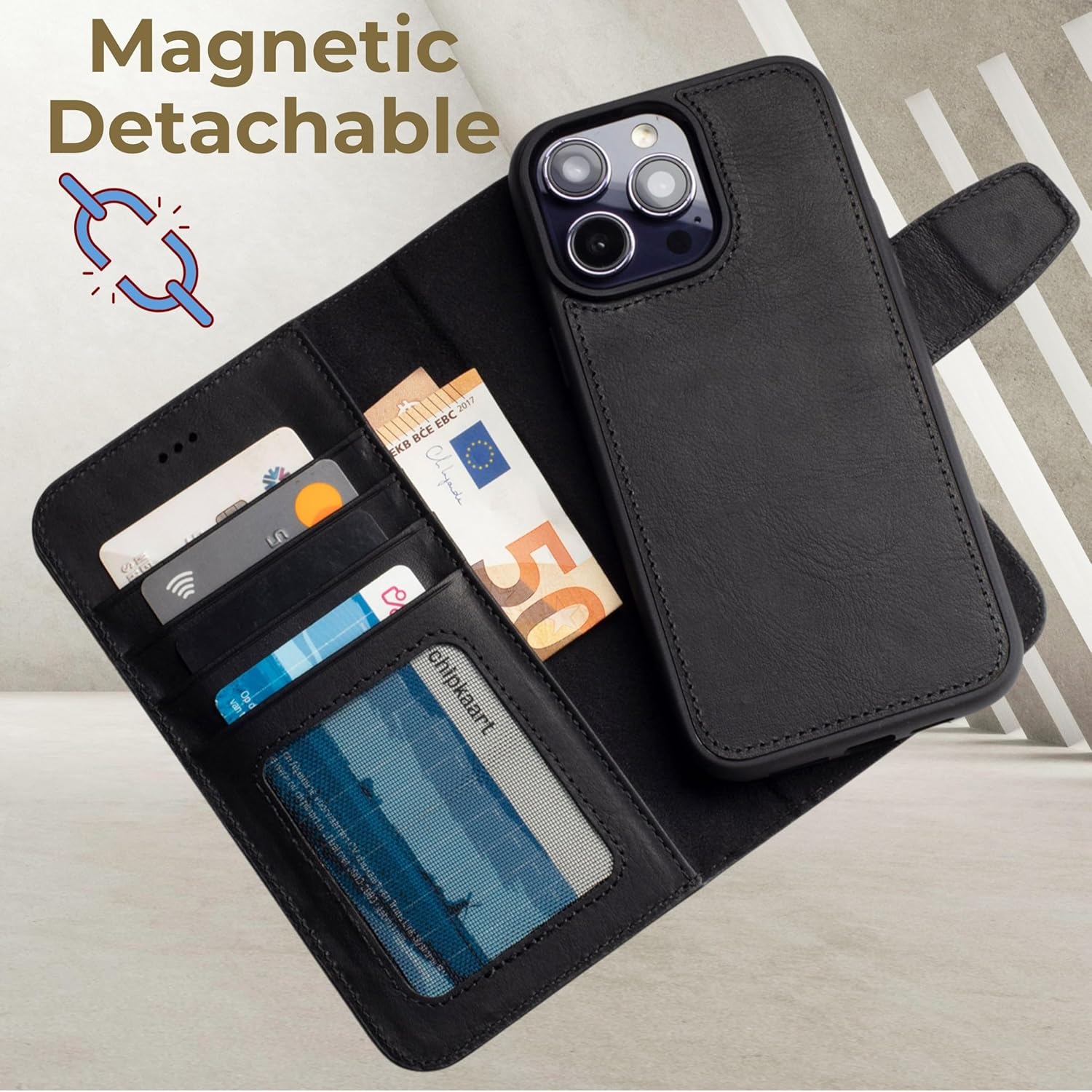 Handcrafted Wallet Case for iPhone 16 Pro MAX 6.9" | Detachable 2-in-1 Design | Crazy Horse Genuine Leather | 4 Card Slots | Compatible with Wireless Charge (Black)