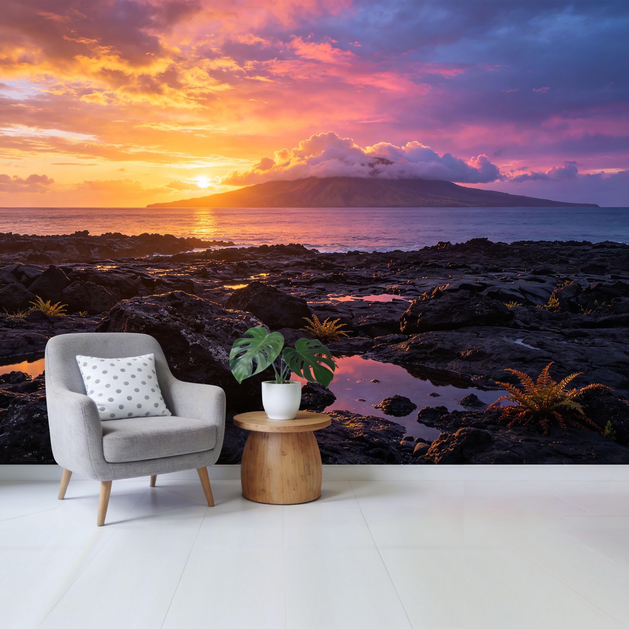 Custom Size Wall Mural Coastal Sunset Over Rocky Shore with Colorful Sky and Ocean Horizon Removable Self Adhesive Fabric Home Wall Decor for Living Room Bedroom Bathroom