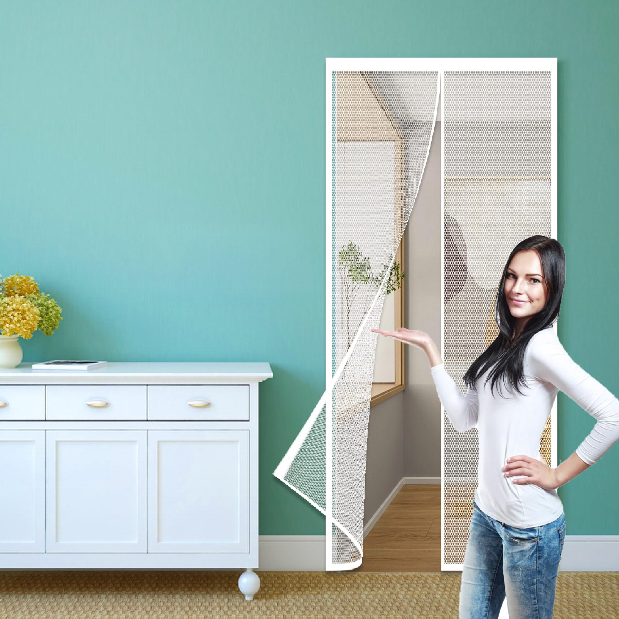 Renxtao White Door Screens For Keeping Out Flies French Doors 110 X 198 Cm Anti Mosquito Mesh Fly Curtain Without Drilling Keeping Out Flies For Patio Door Fly Screen Curtain,