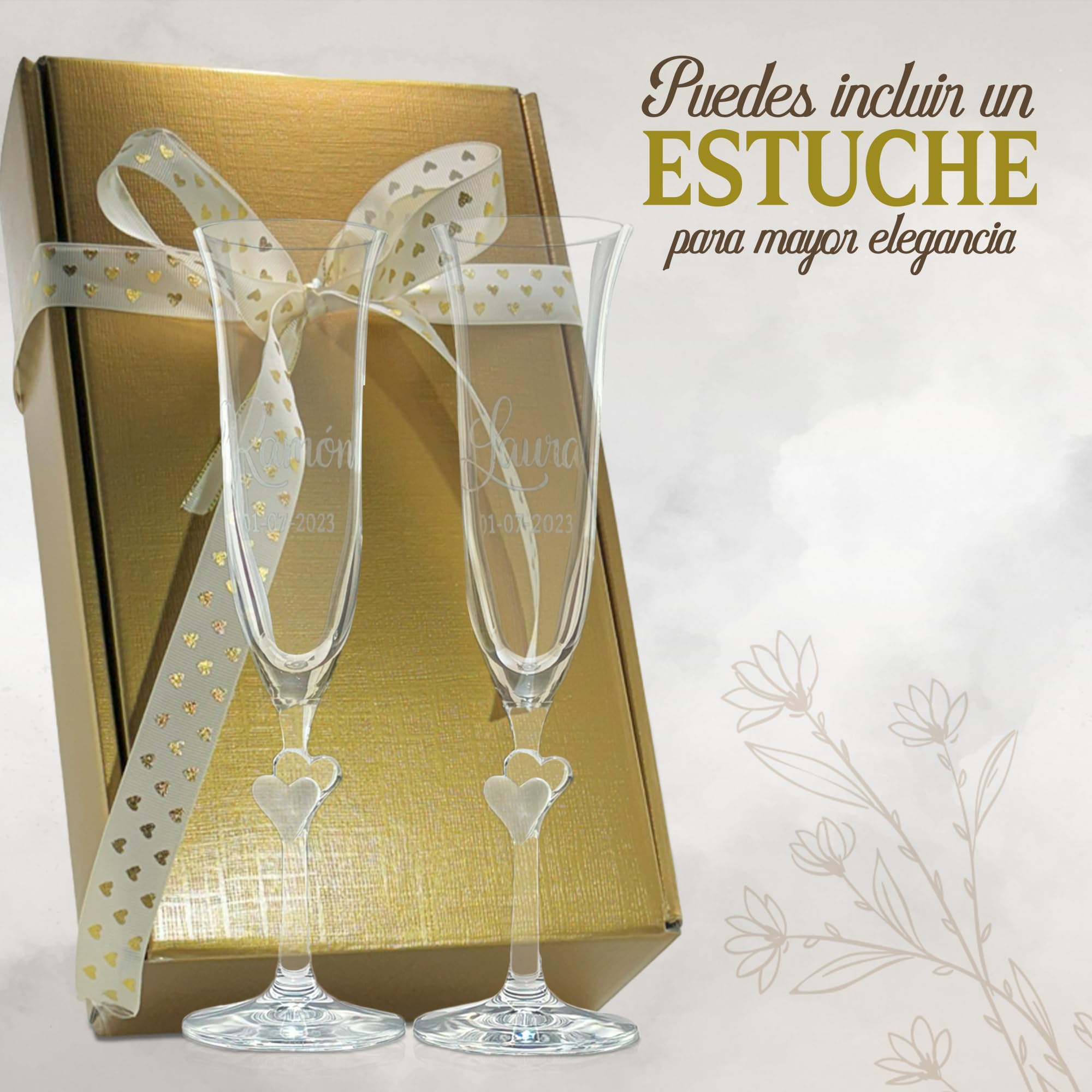 Copas de Boda Personalizadas para Novios con Corazón – Copas de Champán Grabadas con Nombre y Fecha – Copas Brindis Boda – Regalo para Novios con Estuche
