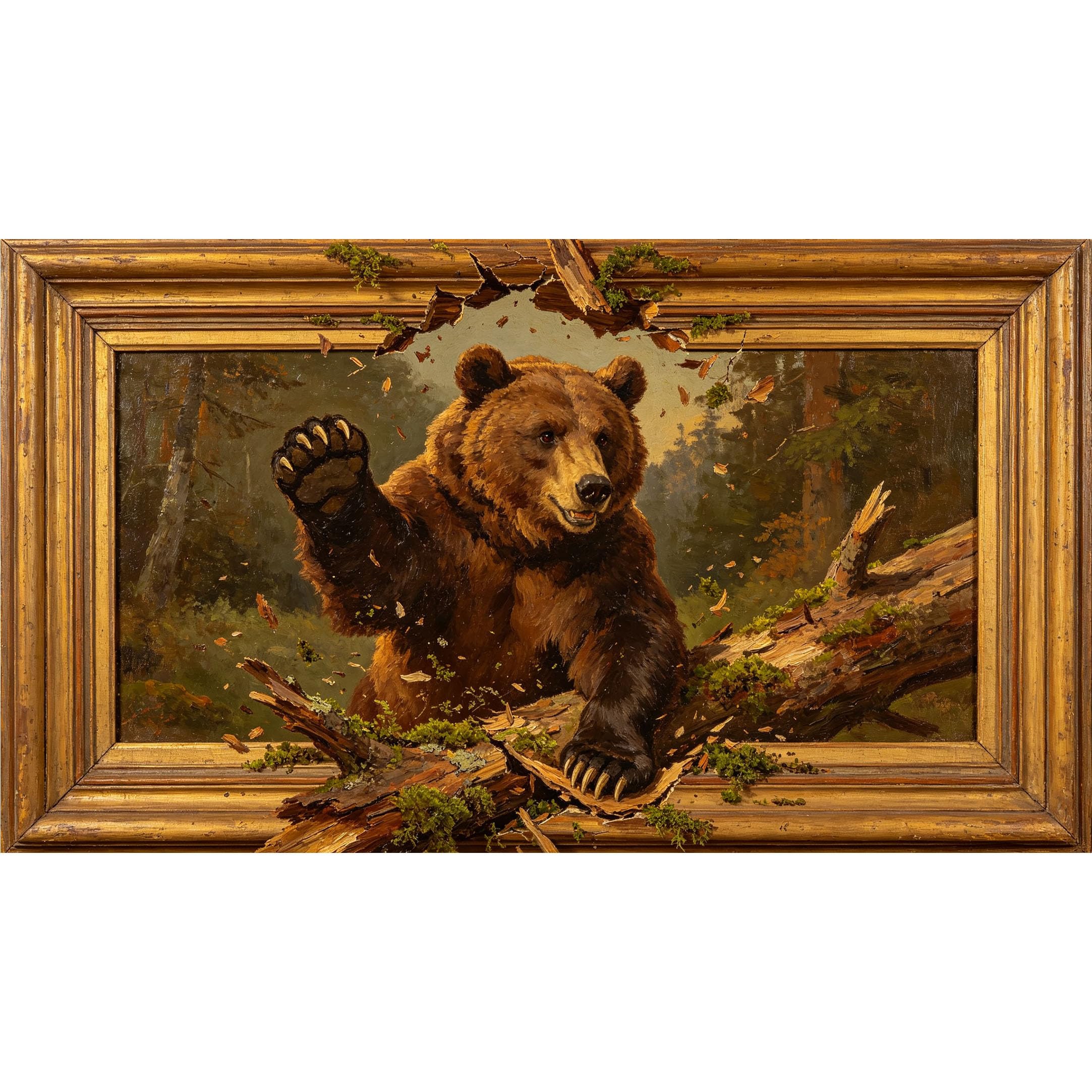 QZLITHOTIC 50x90cm3D Framed Wall Art， Forest Brown Bear Breaking Log Self‑Adhesive Mural， Water‑Activated Peel & Stick Fabric Decor Wall Decal for Bedroom Living Room