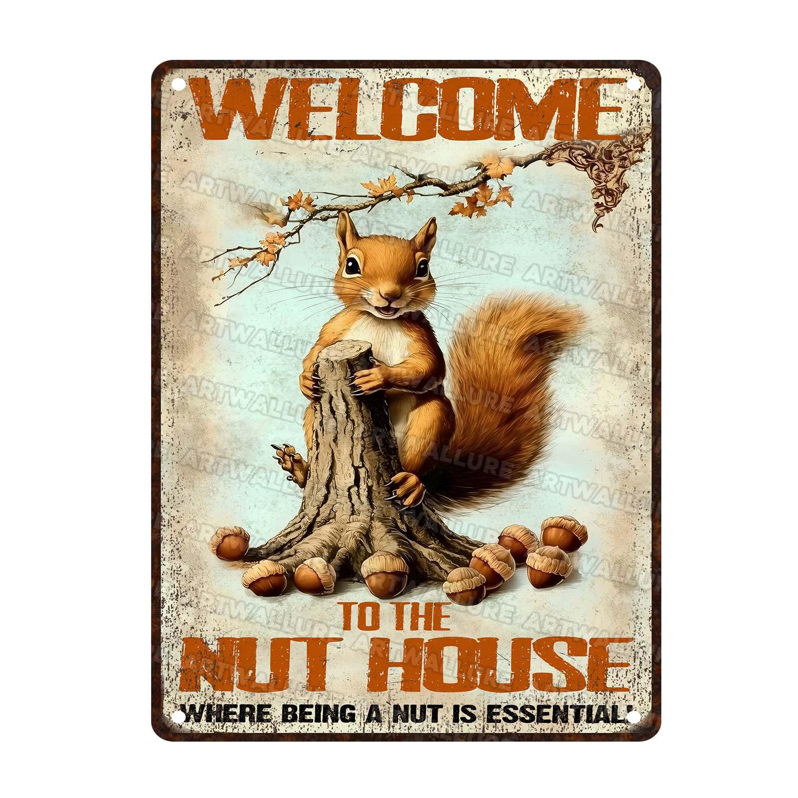 Squirrels Vintage Tin Sign Welcome To The Nut House Metal Tin Sign Funny Squirrels Signs for Home Outdoor Garage Wall Decoration 12x16Inch