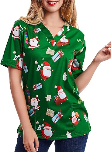 Miniatura 5 de SATINIOR Tops de Uniforme Médico de Navidad para Mujeres Enfermeras 2025 Vacaciones Verde Cuello en V Envolvente Simulado Camisa con Estampado