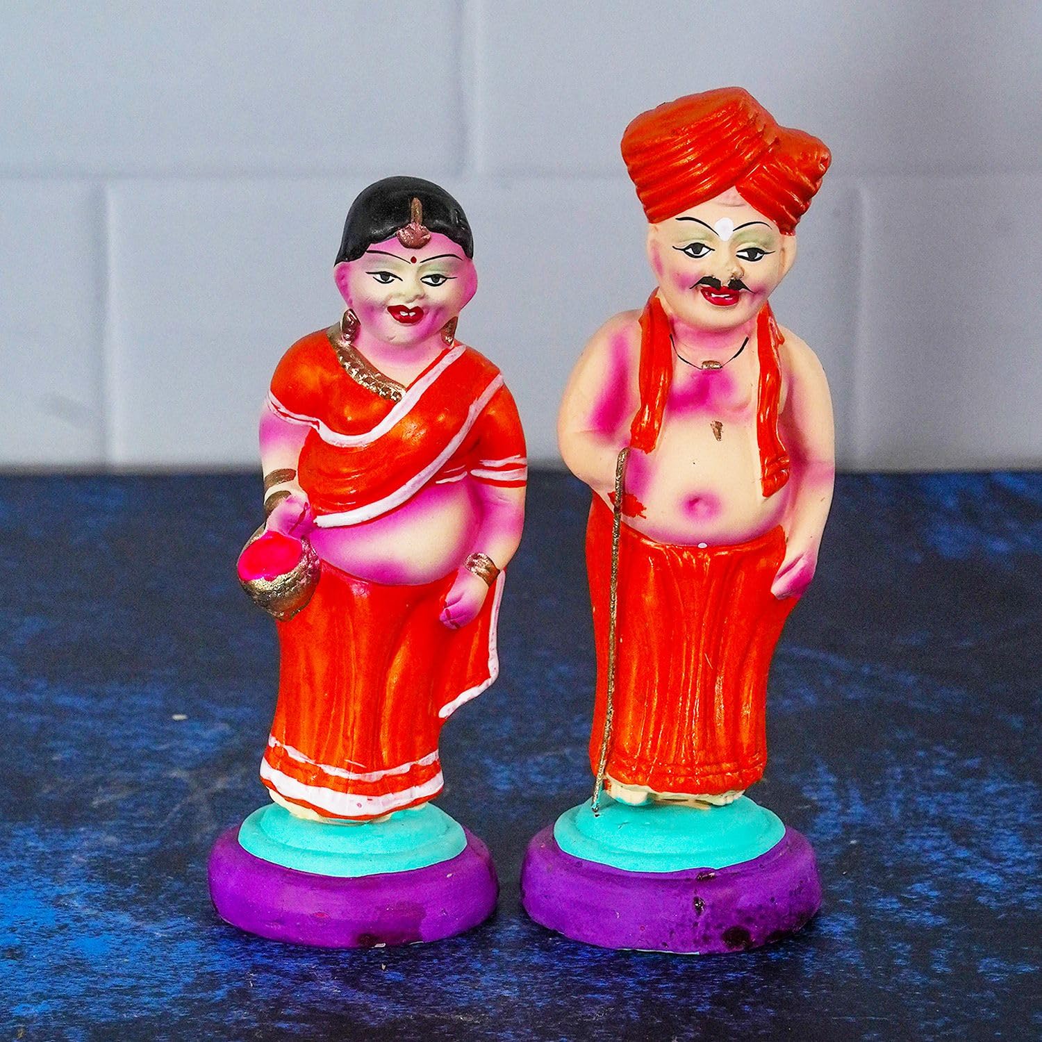 PujaNPujari Clay Maama Maami Standing Set Golu Bommai | Couple Pair Golu Doll for Navaratri - Perfect Home Decor and Gift for All Occassion(Height-17cm, Multicolor)