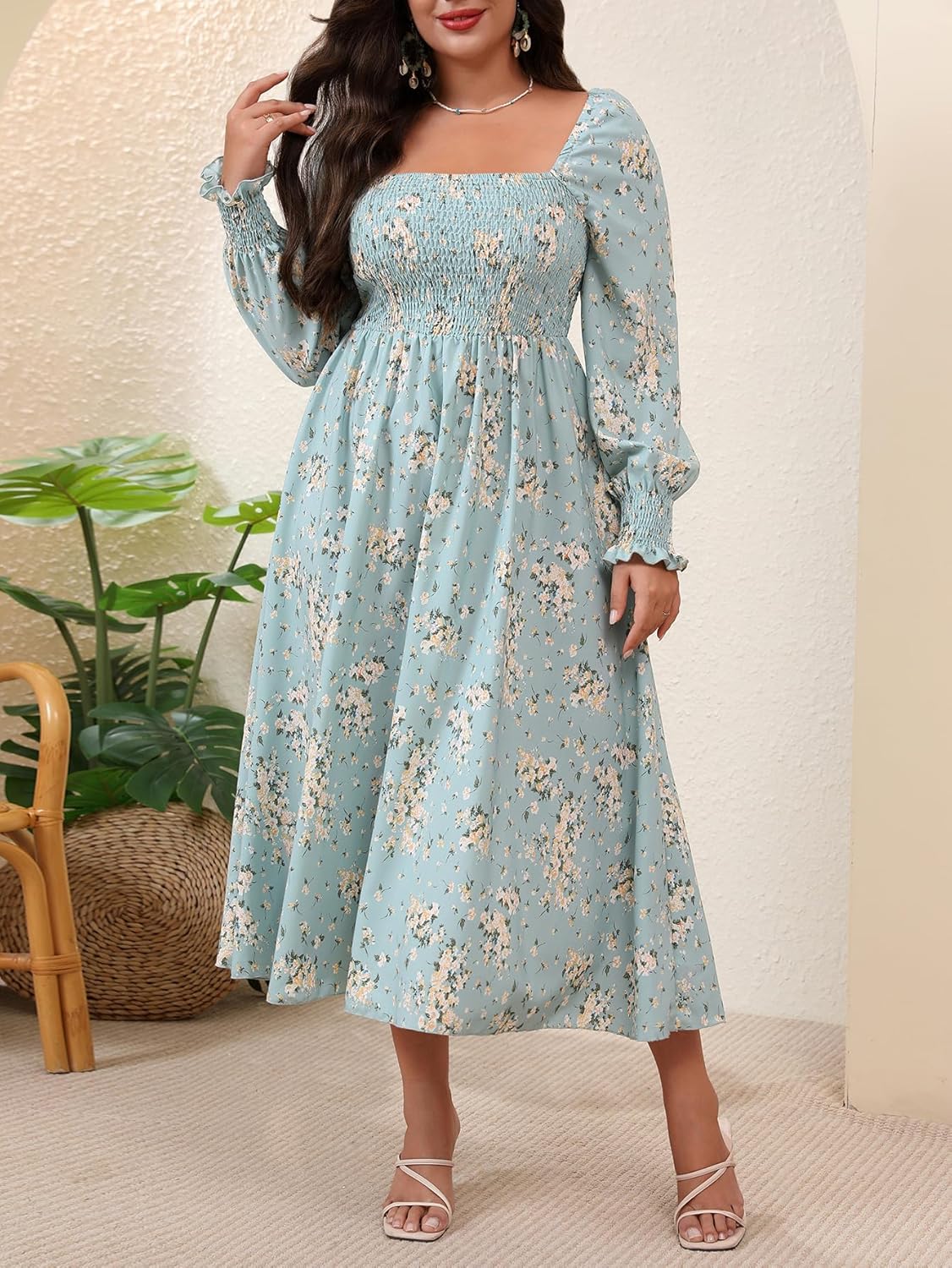 Floerns Women's Plus Size Floral Maxi Dress Bishop Sleeve Square Neck Smock A Line Dress - Image 4