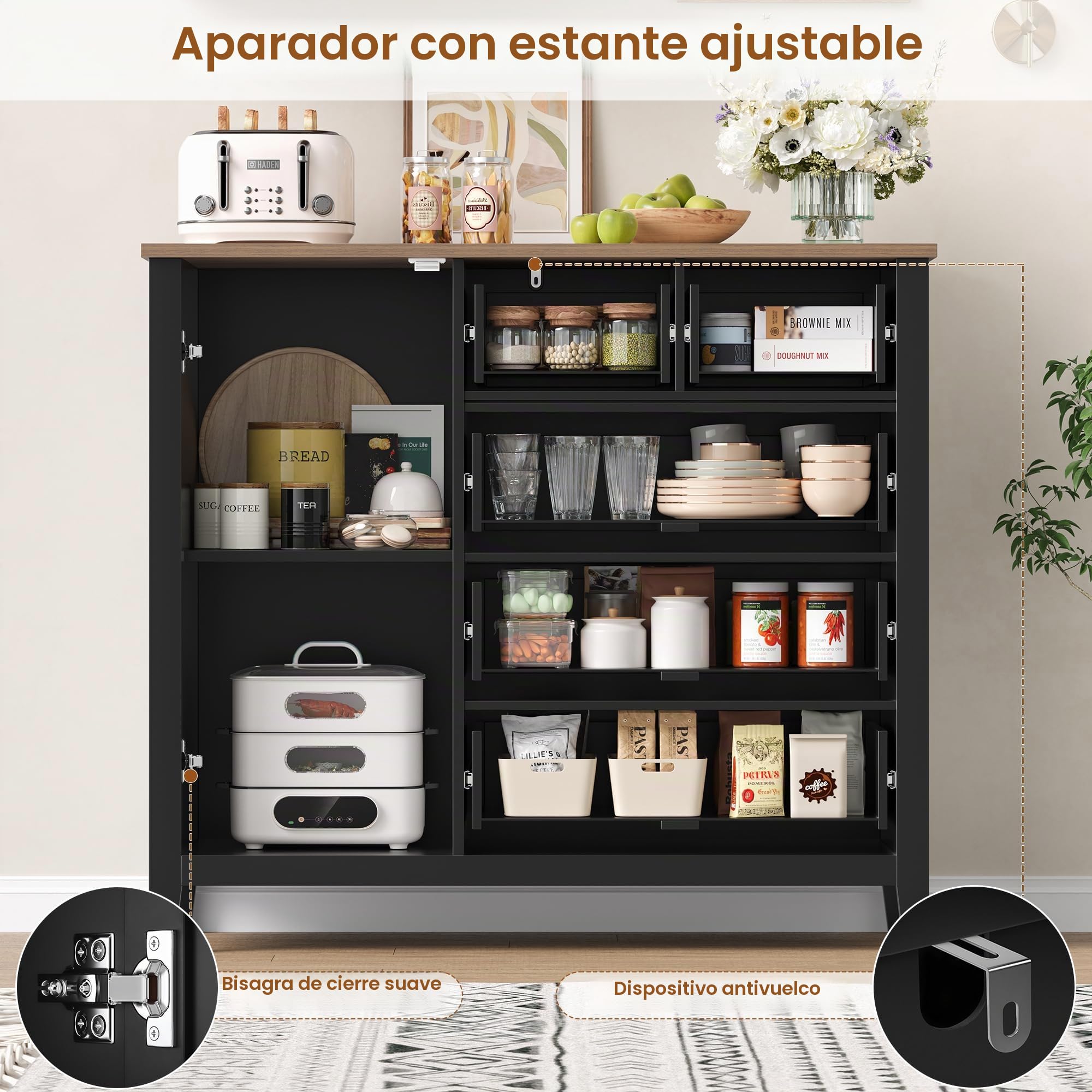 HOCSOK Aparador Cocina Negro con 5 Cajones y 1 Puerta, Aparadores | Estantes ajustables, Mueble Auxiliar de Almacenaje Moderno con Amplia Encimera, Ideal para Cocina, Comedor y Salón