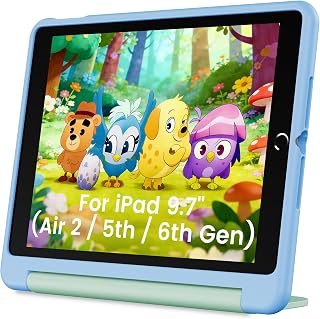 INFILAND Kinder Hülle für iPad 6./5. Generation (2018/2017),iPad Air 2 (9,7 Zoll), Robuste weiche stoßfeste Schutzhülle mit Ständer, süße Hülle mit Griff (Sky Blue-Mint)