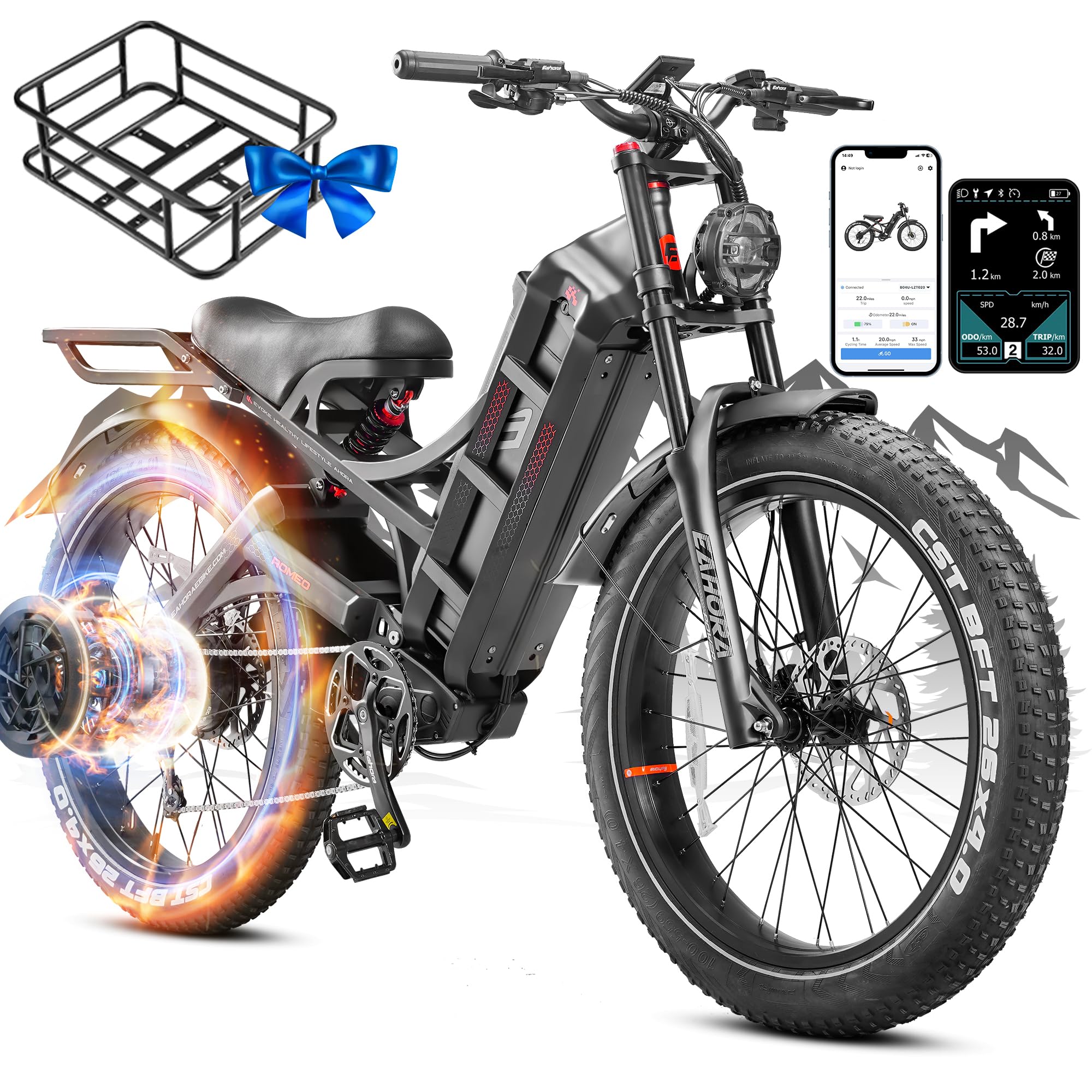 Romeo Pro/Ⅱ 60Ah Peak 1600W/Dual Motor 2500W/3000W Electric Bike for Adults, 200 Miles Long Range Ebike Fat Tire Electric Bike, Full Suspension Electric Mountain Bike UL2849
