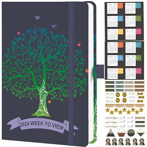 Dzhzal Diary 2024 A4 Week to View from January 2024 to December 2024 with Calendar Stickers, 8.5''x11'' Appointments Faux Leather Cover, Elastic Closure, Back Pocket, Pen Loop