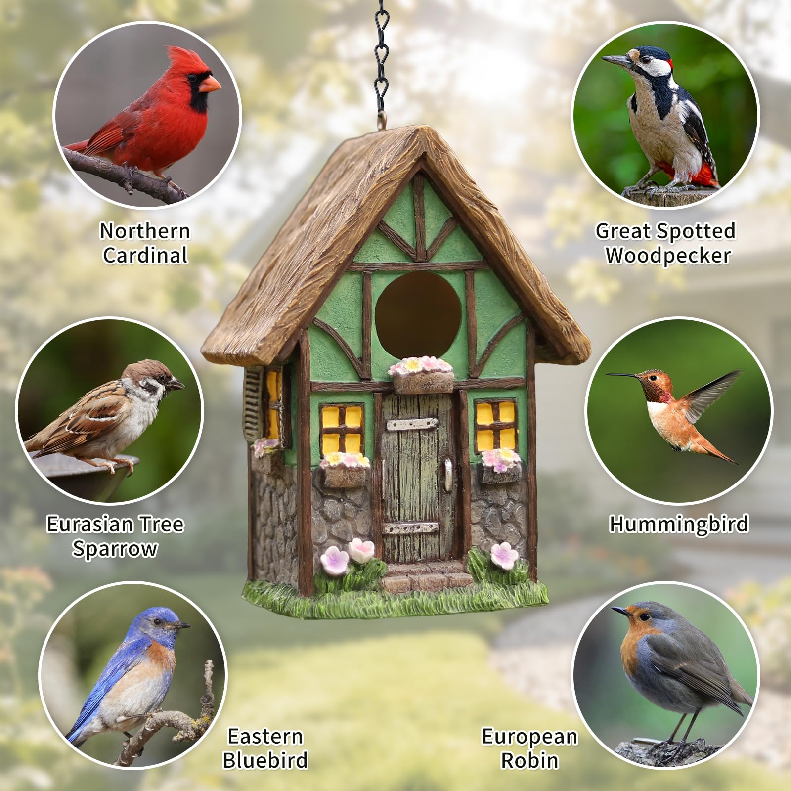 Vogelhäuser für den Außenbereich, rustikales Cottage, Vogelhaus mit Strohdach, handbemalt, Kunstharz, Vogelhäuser für den Außenbereich, für Bluebird Finken, Kardinäle, Vogelnistgarten, Terrasse, Hof
