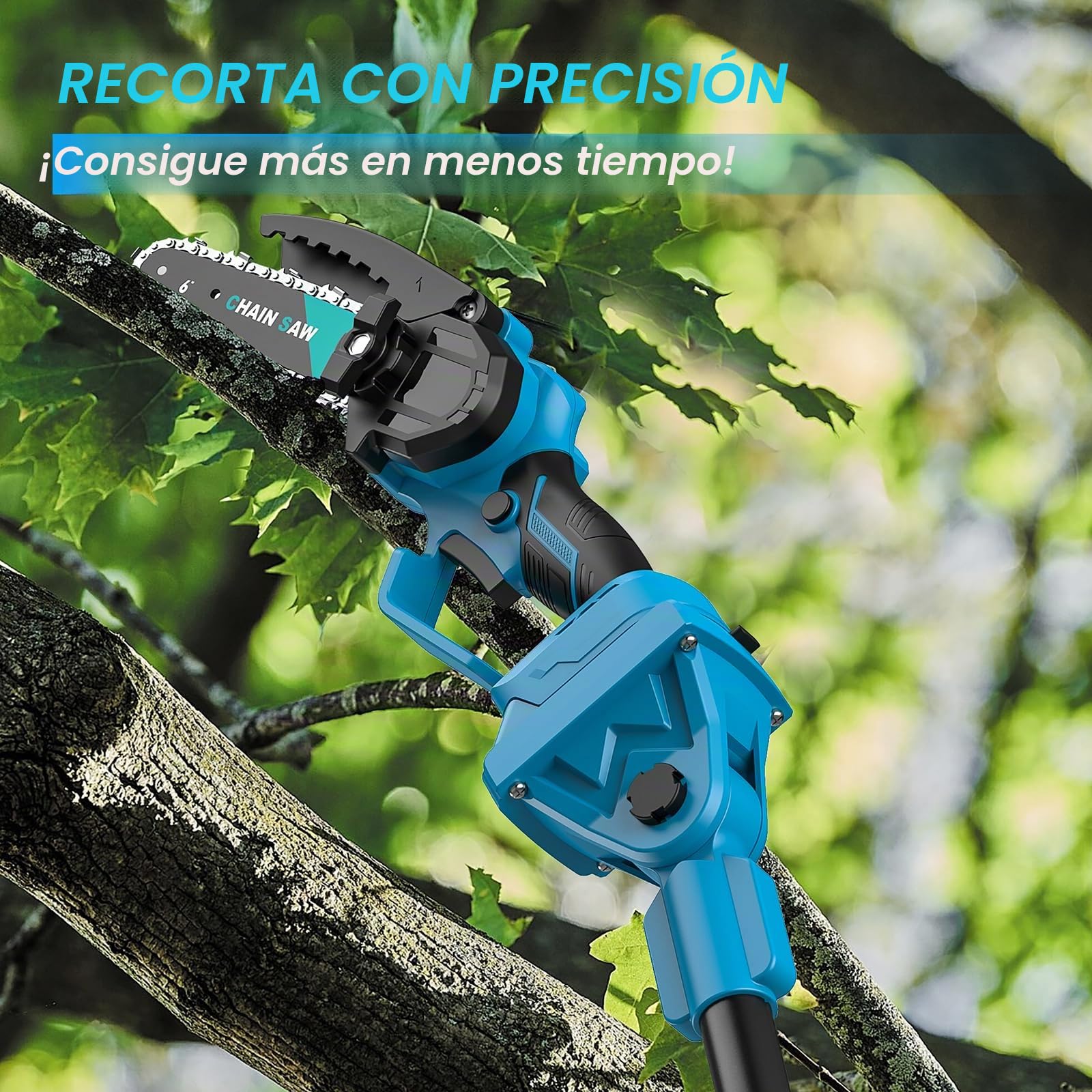 Kouamor Podadora telescópica con batería de 6 pulgadas, mini motosierra con 2 baterías de 4,0 Ah, 2 en 1 sin escobillas, sistema de aceite automático, depósito de aceite de 30 ml, longitud de trabajo
