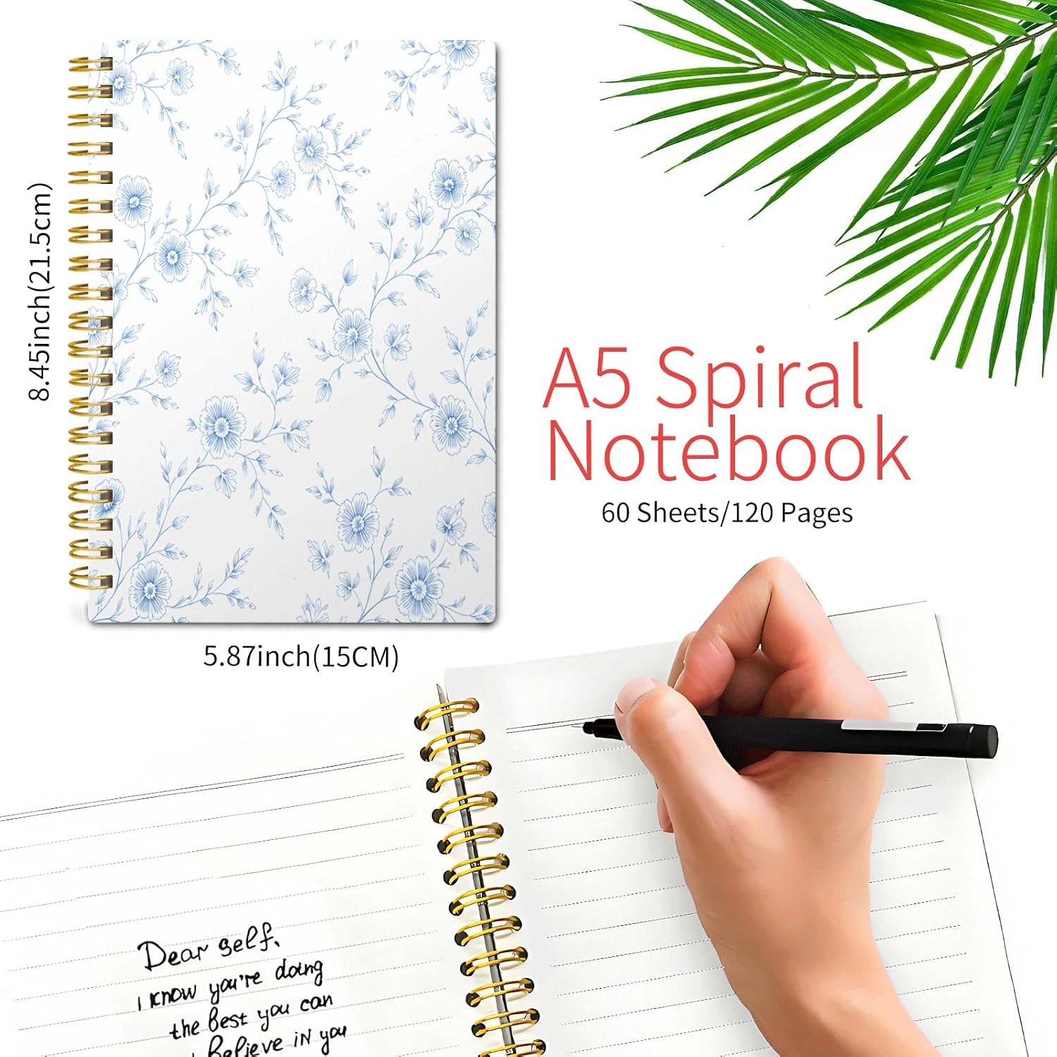 KZYVFNPQ Spiral Journal Notebook for Women Men, A5 Cute Hardcover Lined Notebook with Strong Binding,College Ruled Notebook for Office Work Writing(Blue Floral Vine) image 2