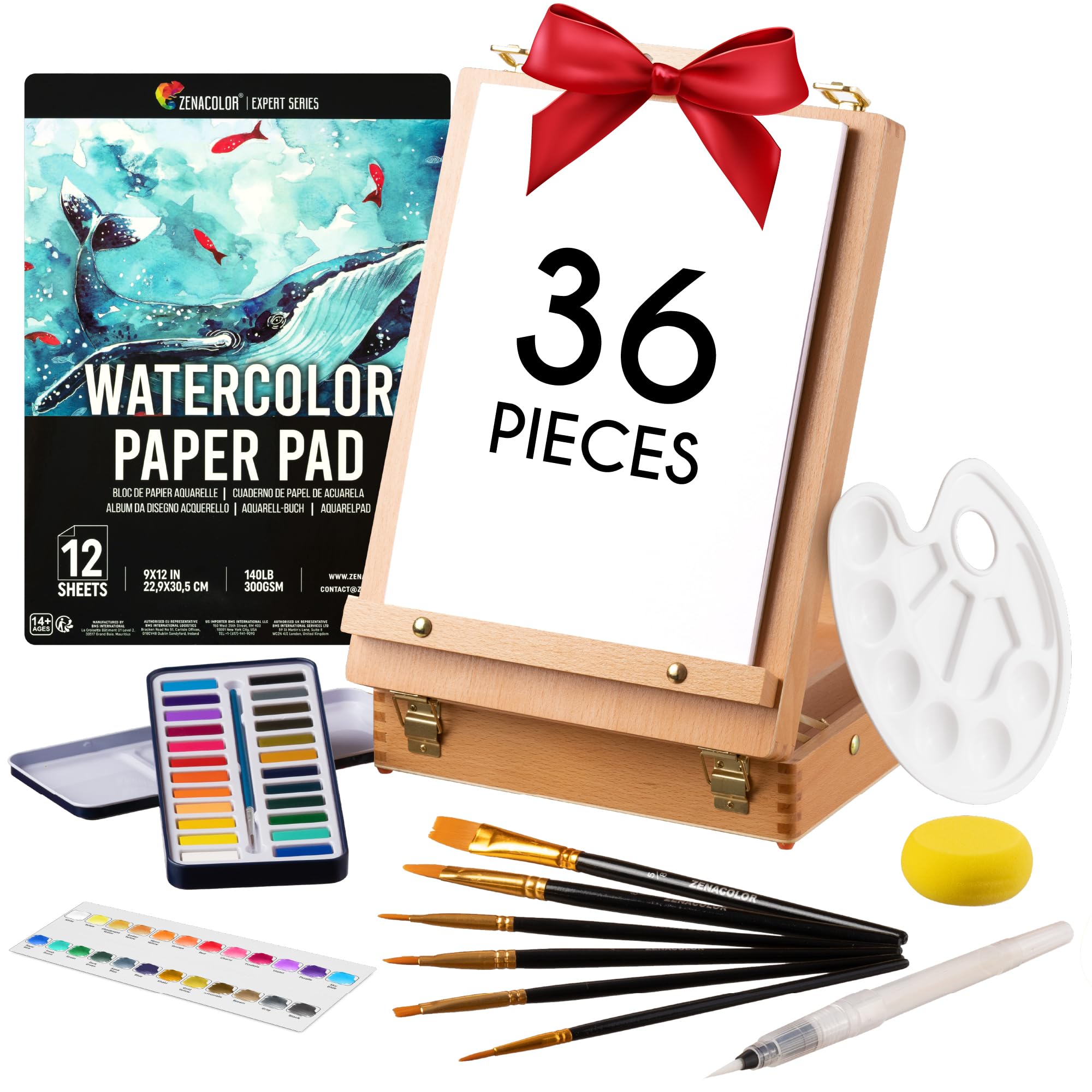 Set de pintura de acuarelas (36 piezas) Zenacolor - Kit acuarelas profesionales : caja de almacenamiento y caballete 2 en 1, kit de paleta de acuarela 24 colores, 6 pinceles, 1 cuaderno y accesorios