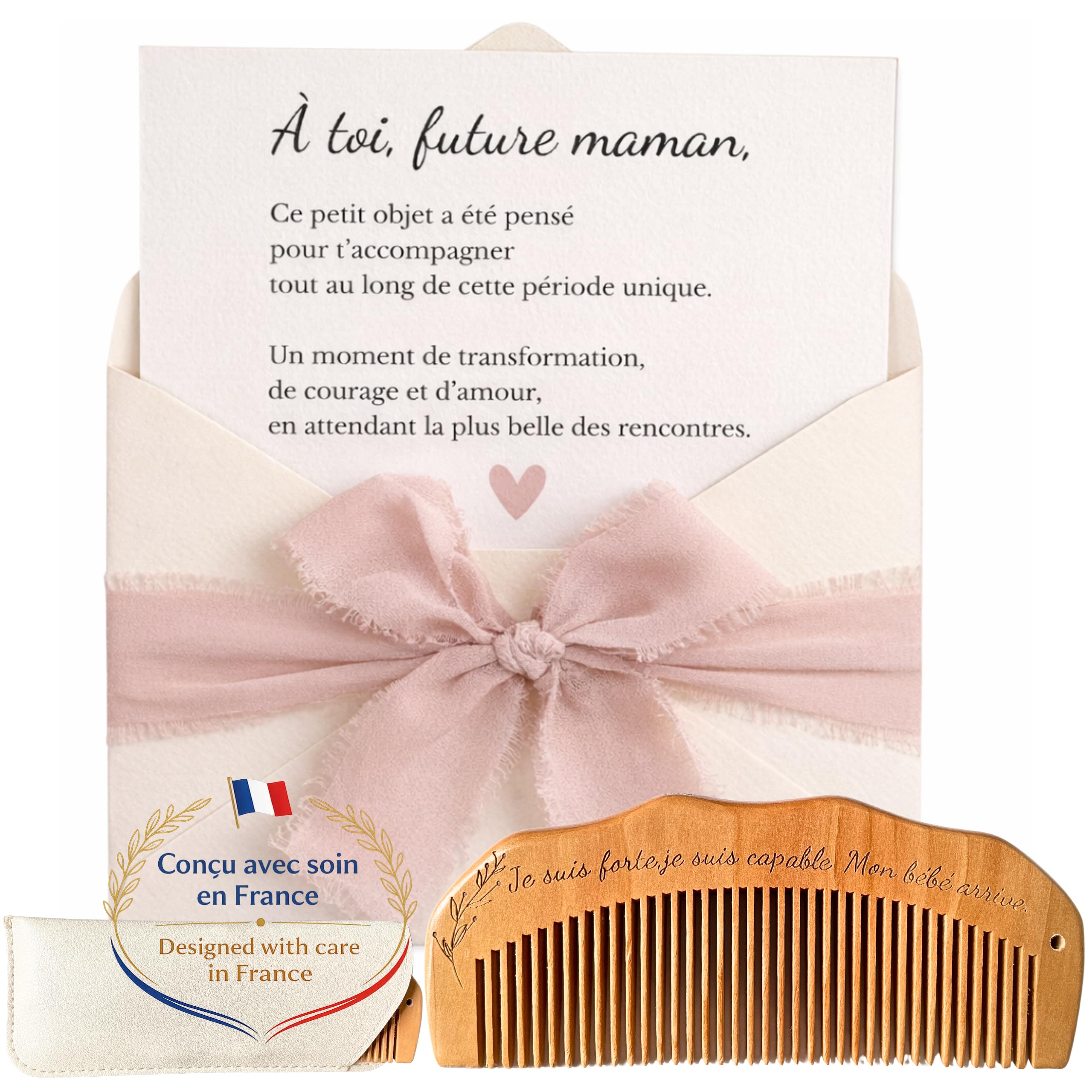 Cadeau grossesse femme enceinte – peigne accouchement en bois avec carte émotionnelle – idée cadeau maternité prénatal future maman