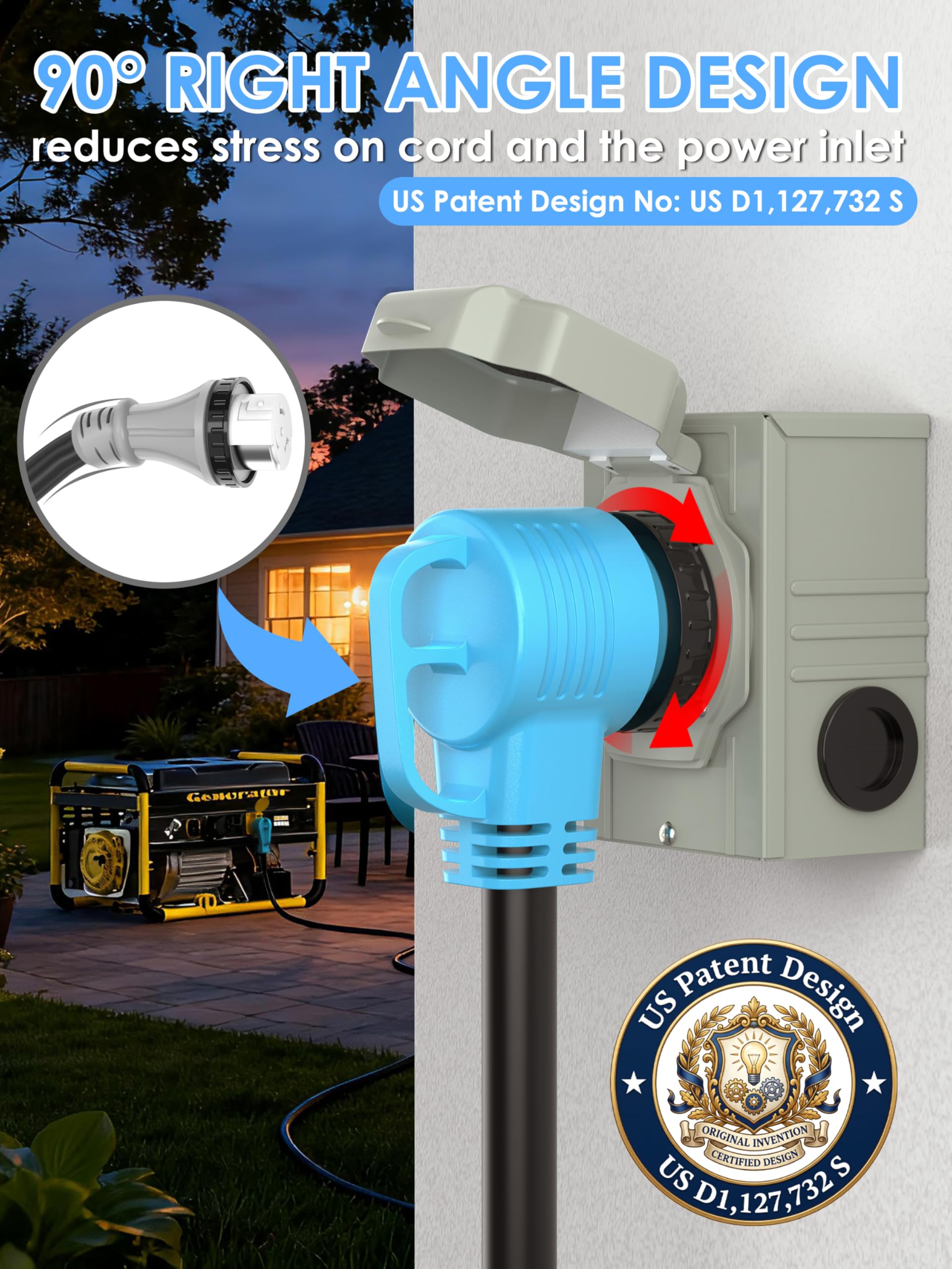50 Amp 50ft RV Generator Power Cord 14-50P SS2-50R 90° Angle UL Listed Blue