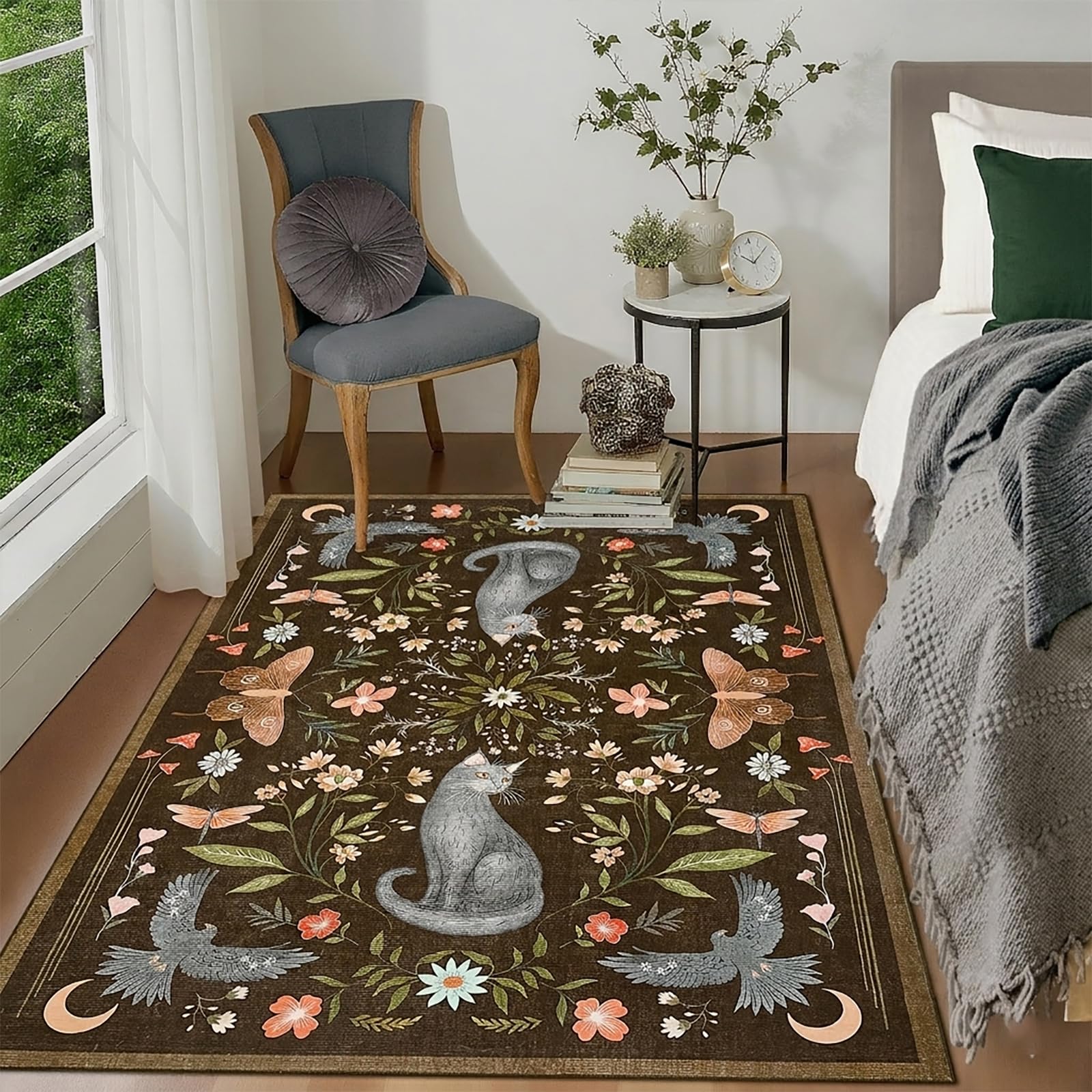 FairyStyle Waschbarer Katzenteppich 120x170cm, Braun Flor Tierteppich | Kurzer, rutschfest Innenraumteppich, Faltbare, Fleckenabweisende, fürWohnzimmer Kinderzimmer Schlafzimmer