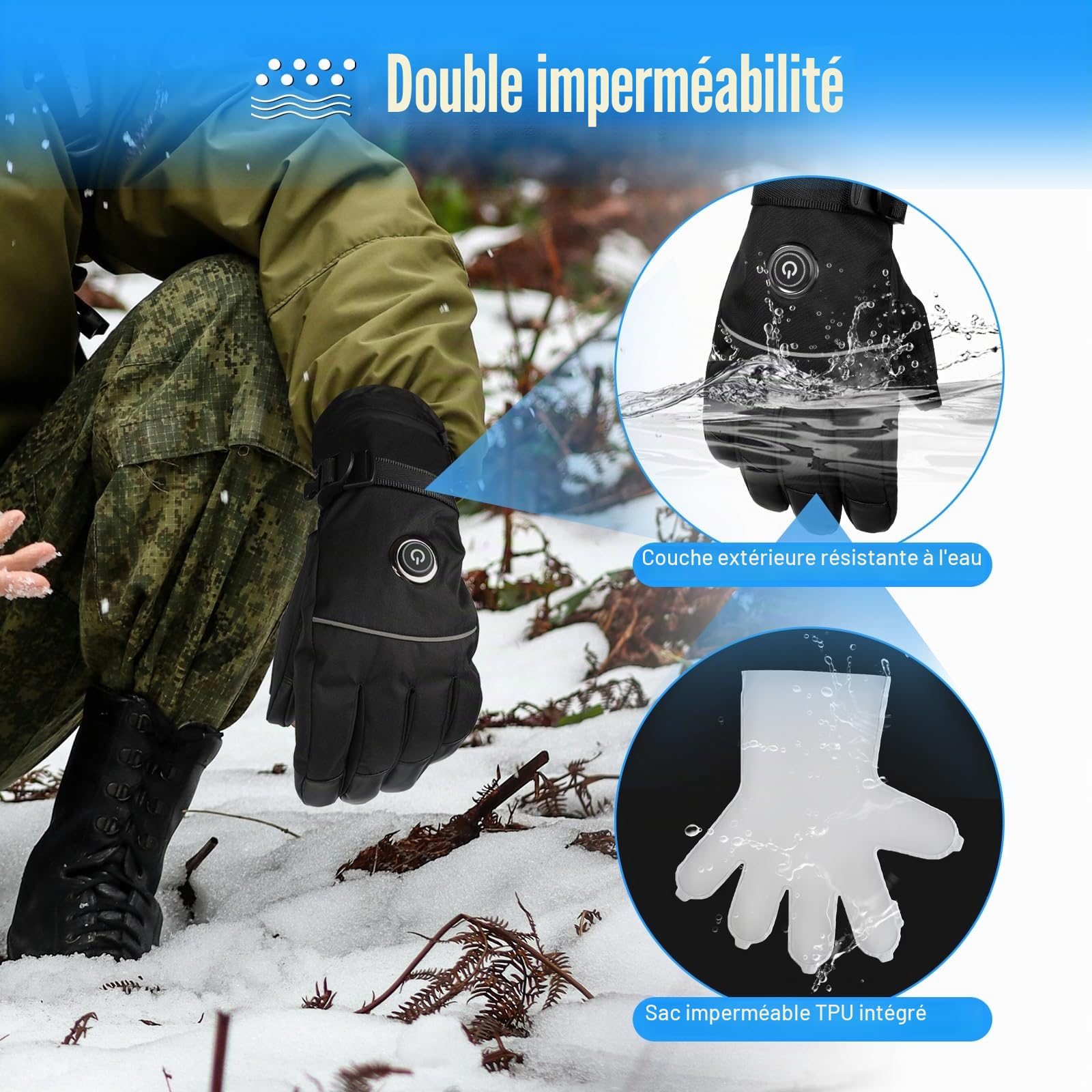 MRAWARM Gants Chauffants Électriques Rechargeables 5V 6000mAh pour Homme Femme, 3 Niveaux de Chauffage, Imperméables, Écran Tactile pour Sports d'Hiver (Noir, Unisexes-Adultes)