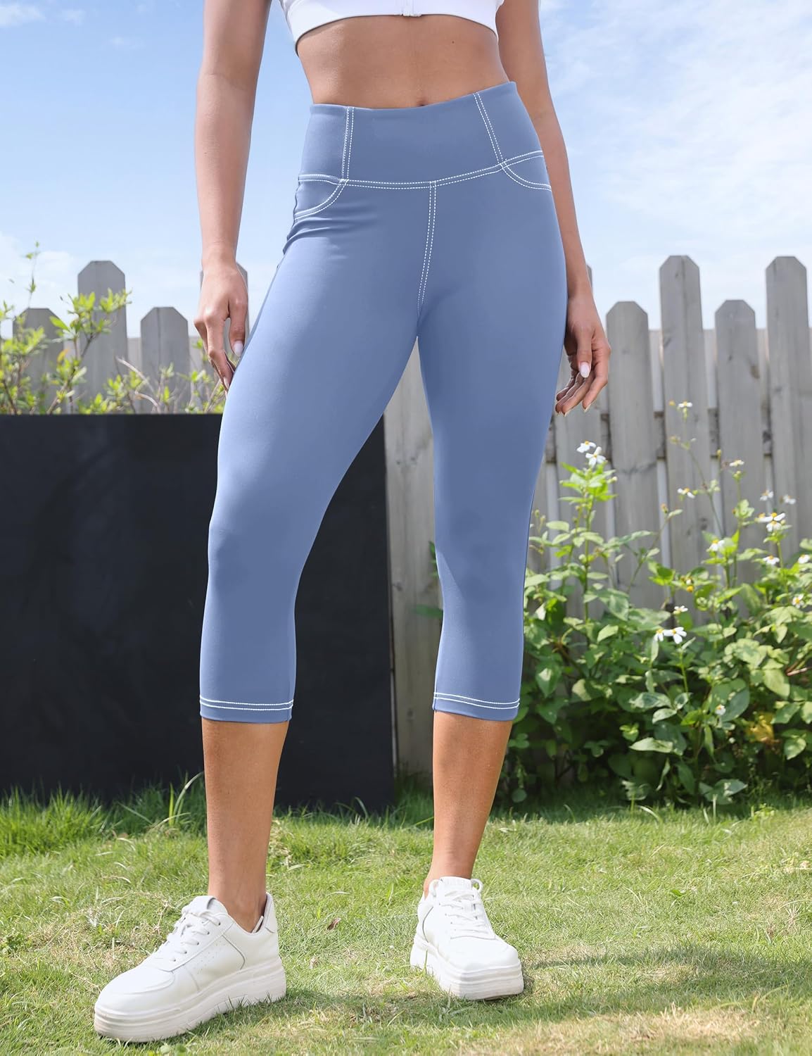 VOOVEEYA Capri Leggings for Women, High Waisted Yoga Pants with Back Pockets Crop Workout Capris Pants