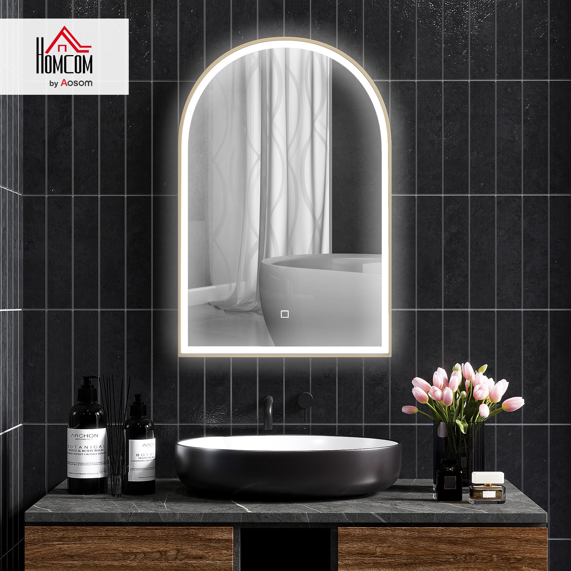 HOMCOM Miroir Salle de Bain avec éclairage LED 90 x 60 cm, Miroir Mural arqué, lumière réglable 3 Couleurs, Anti-buée, mémoire, Interrupteur Tactile, Miroir Salle de Bain, Cadre en Aluminium, doré