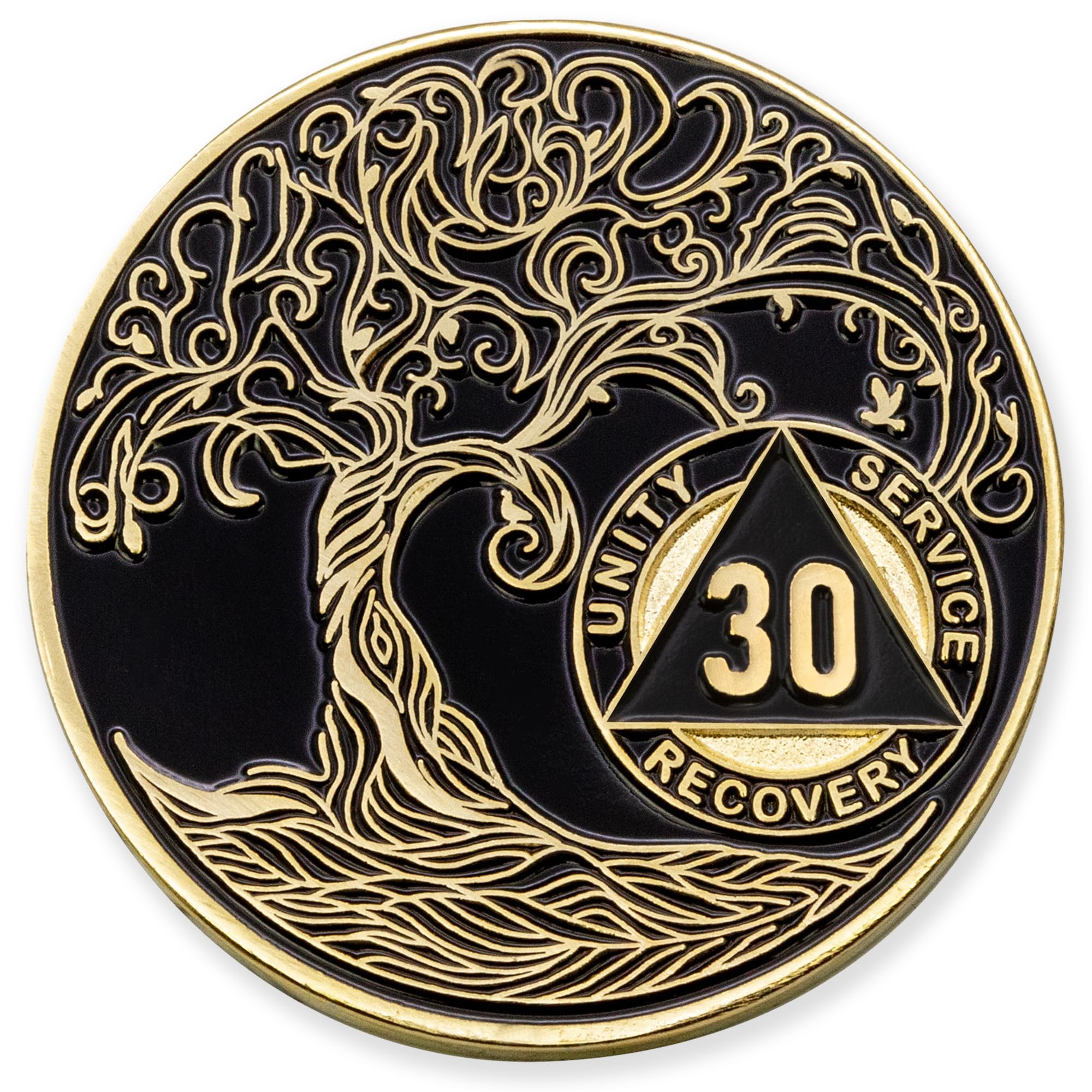 1 to 50 Year Twisted Tree of Life Sobriety Coin - Gold Plated AA Chips &amp; Medallions - 30 Year Sobriety Coin - Black