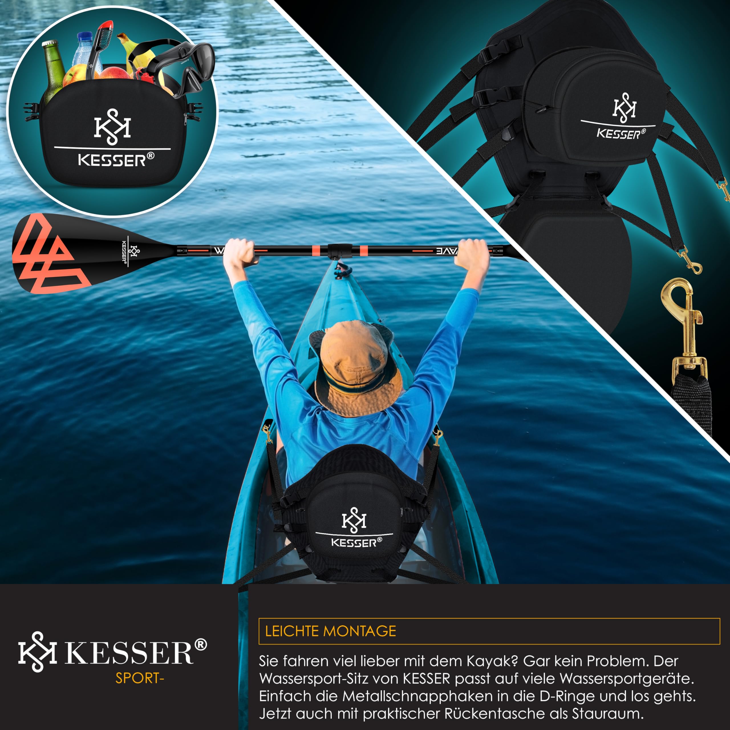 KESSER® Kajak-Sitz Premium für SUP Board Stand Up Paddle Surfboard Sitz - Inkl. Mit Tasche - SUP Paddling Paddelboards Gepolsterte Sitz 32x38cm, Rückenlehne 51x45cm schnell und einfach montiert