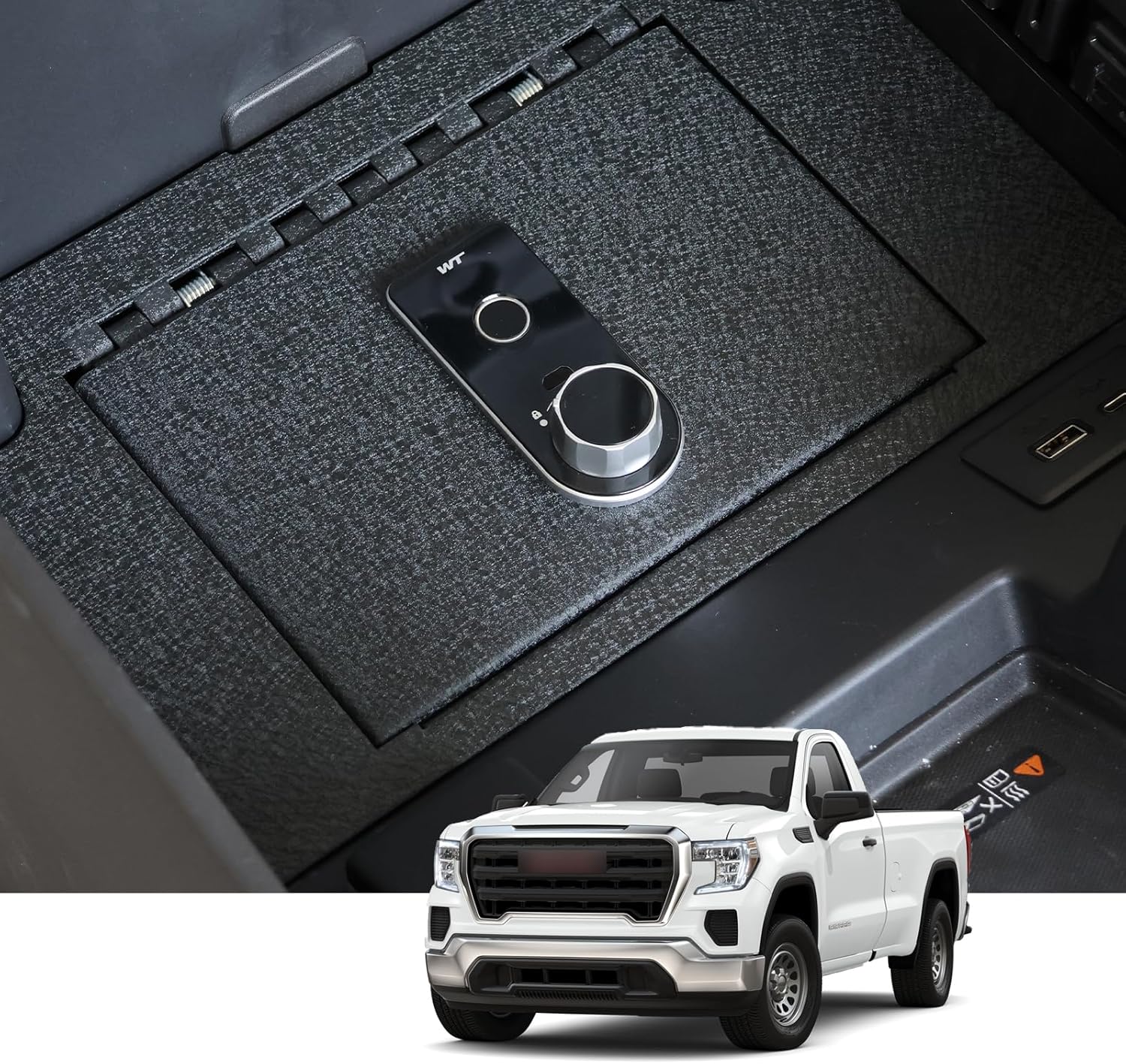 Center Console Safe Gun Safe, WASAI Premium In-vehicle Console Gun Vault Lock box Compatible with 2023-2025 Chevy Silverado 1500/GMC Sierra 1500, Fingerprint Lock with Backup Key.