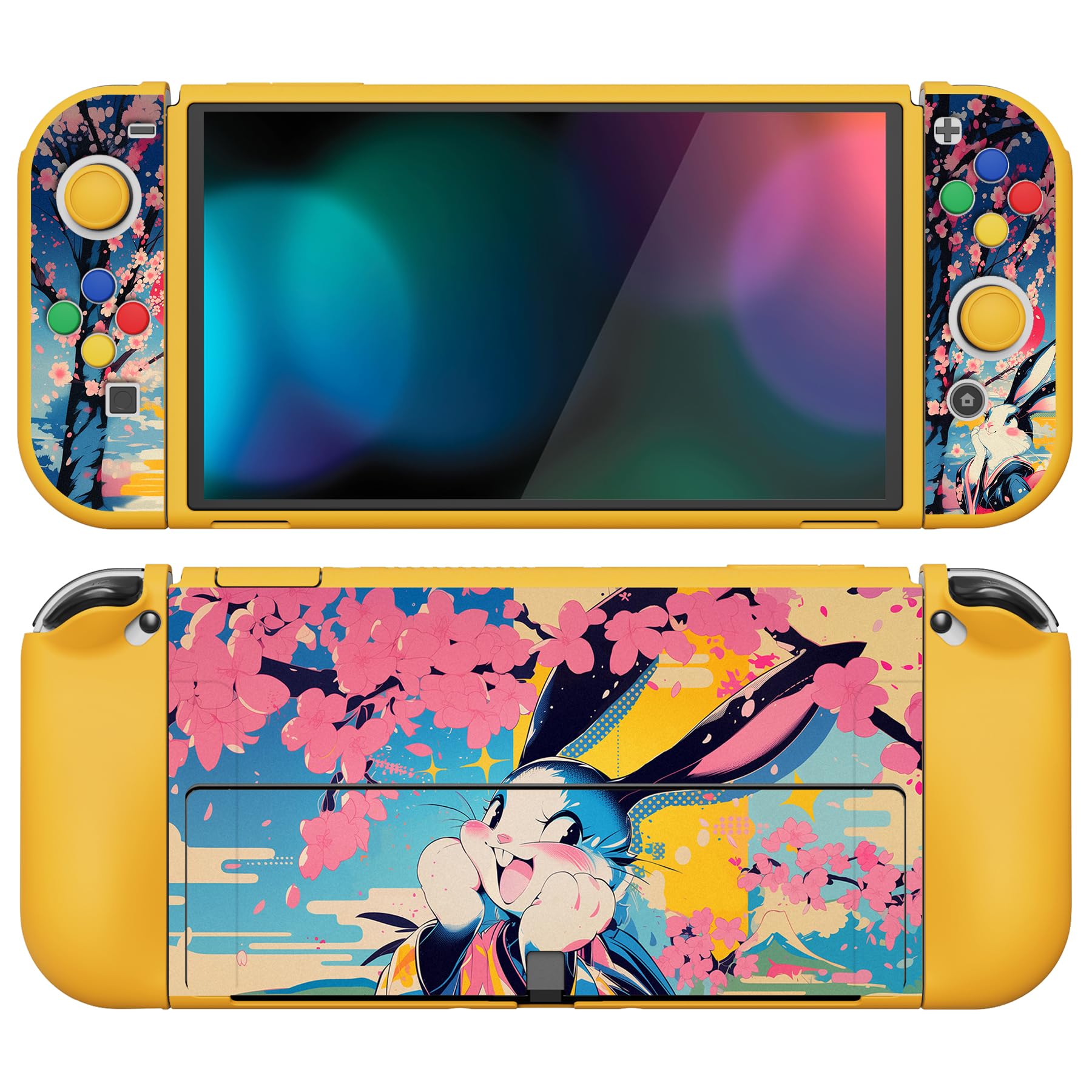 playvital Cover per Nintendo Switch OLED, Custodia Protettiva Copertura TPU Copri Analogici Accessori per Joycon Console, ZealProtect-Coniglietto Pop in Fiore