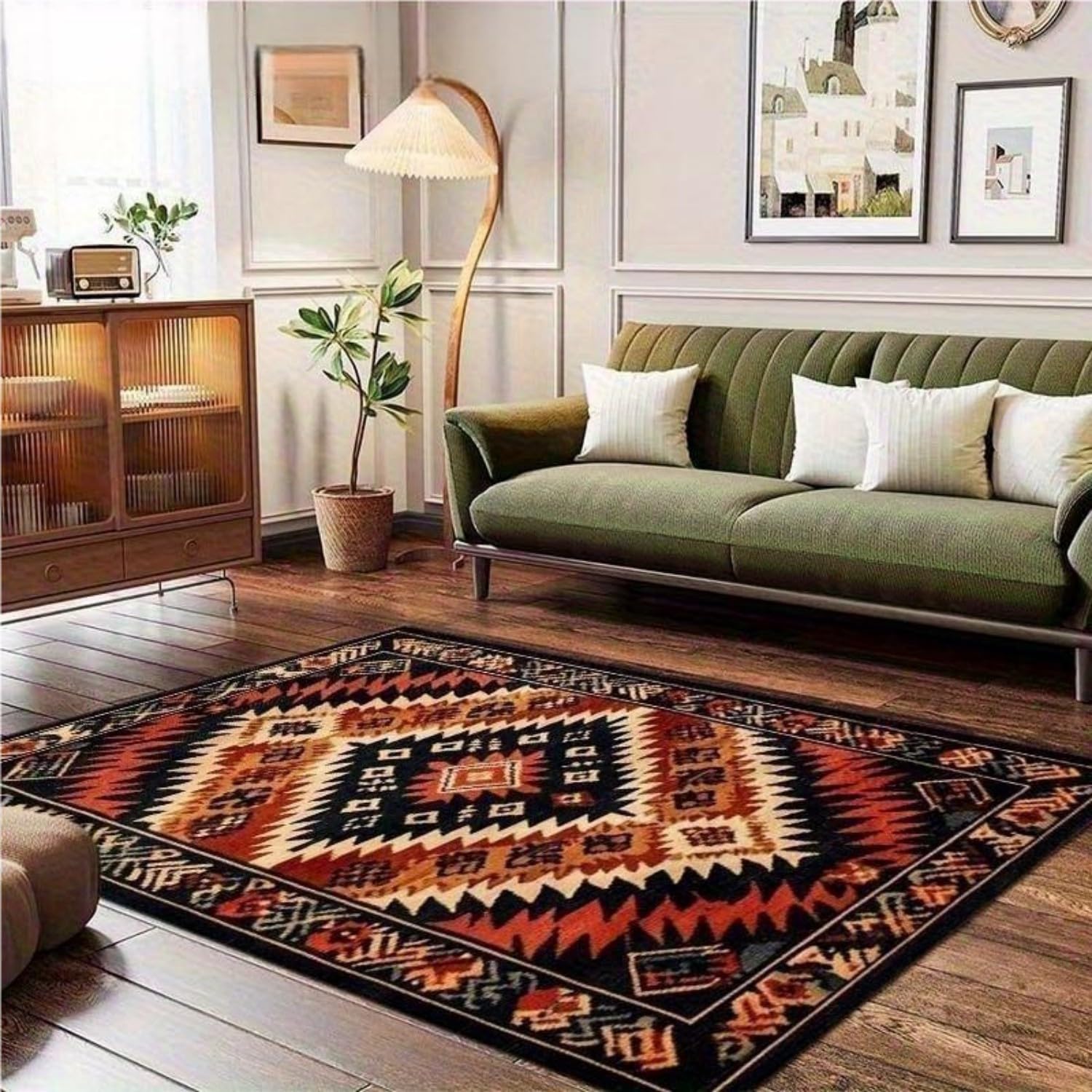 Vintage Geometric Area Rug,180x260cm Rustic Red And Black Geometric Checkered Distressed Rug Mat, Non-Slip, Machine Washable Living Room Rugs, Soft and Easy to Clean Carpet for Bedroom, Bedside