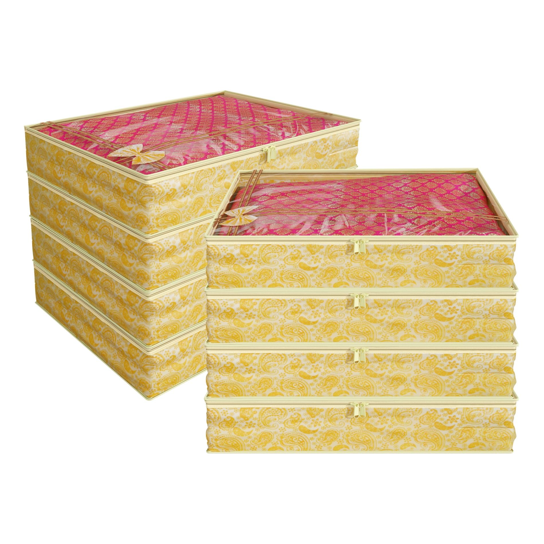 Kuber Industries 43x35x8cm Polyester Clothes Organizer for Wardrobe (Pack of 8) - Single Storage Organizer for Saree | Dress Organizer for Wardrobe - Single Saree Covers with Zip (Gold)