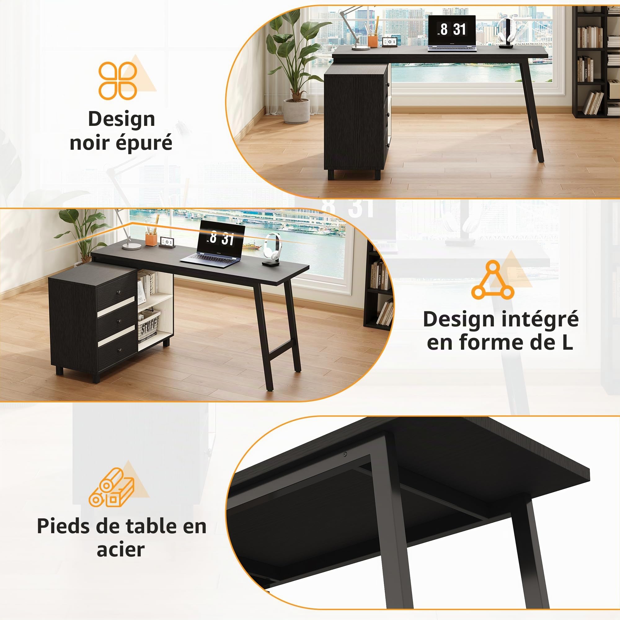 Merax Bureau d’Angle 150 x 100 cm avec 3 Tiroirs et Étagères Ouvertes, Grand Bureau Informatique en L avec Structure Métal, Table de Bureau Moderne pour Télétravail, Étude et Gaming, Noir et Blanc