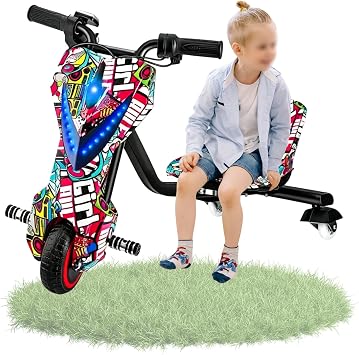 Electric Drift Trike for Kids, 360 Rotatable Drift Trike, with 5 Adjustable Lengths Light Up Rear Wheels, Slip Pedals Stable Trike, for Outdoor Garden Playground 8in-J